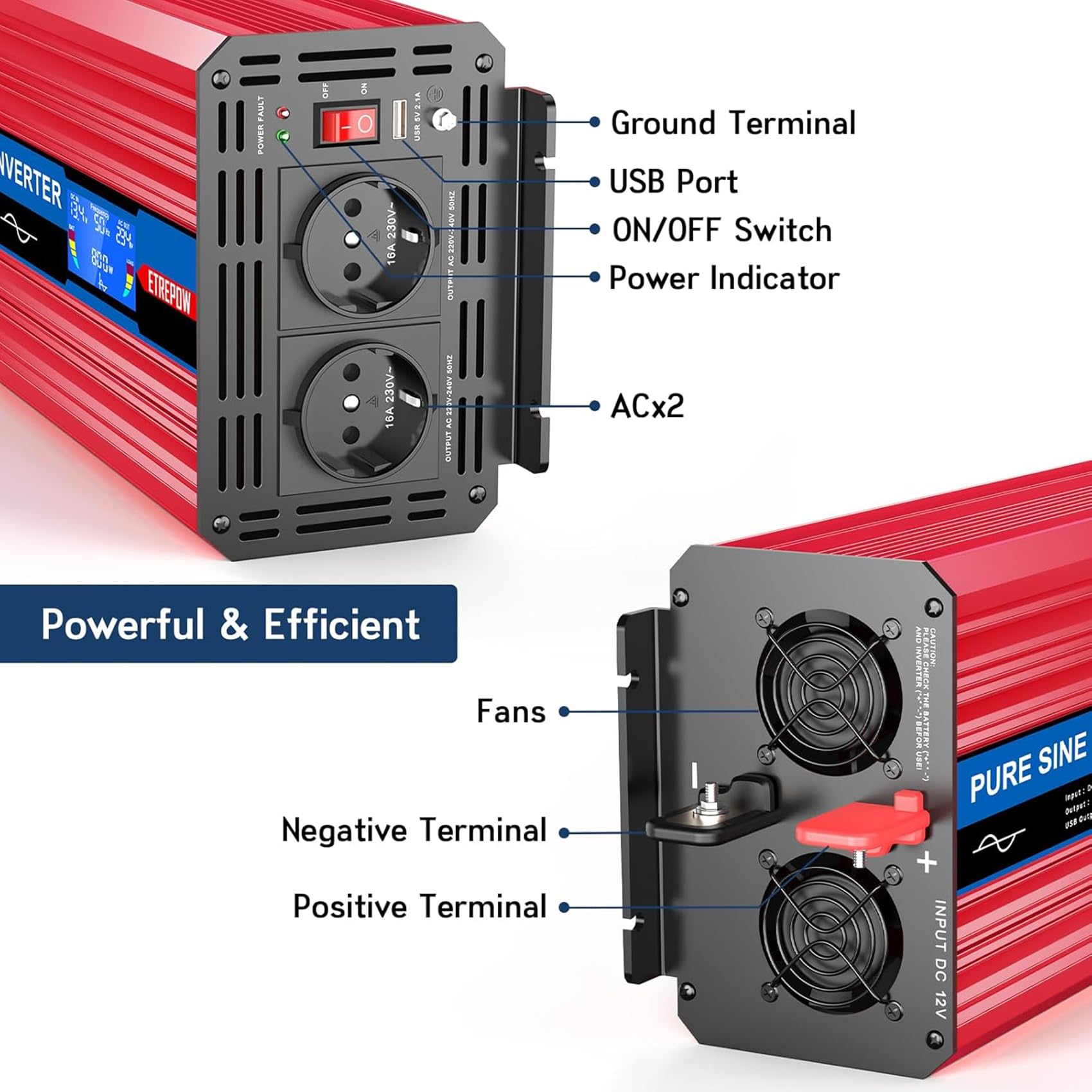 1500w Wechselrichter 12v Auf 230v Reiner Sinus Spannungswandler mit 2 EU-Steckdose und Einer 2,1A USB,Drahtlose Fernsteuerung,LCD Bildschirm und 2 Lüftern-Spitzenleistung 3000w Kfz Konverter - 4