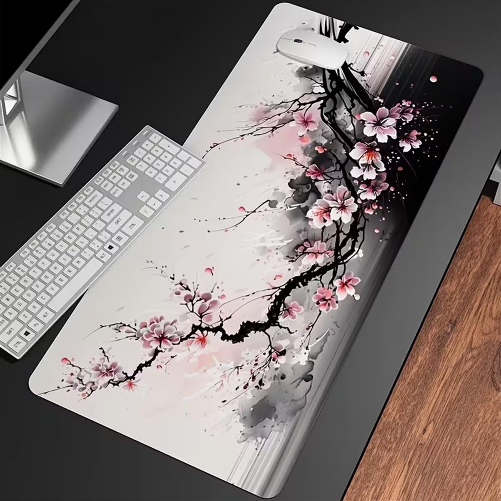 Tappetino Mouse XXL 1200 x 600 x 2mm Lavaggio di inchiostro nero e rosa Gaming Tappetino per il mouse con Antiscivolo Bordi Cuciti Sottomano Scrivania Mouse Pad per PC Laptop Ufficio