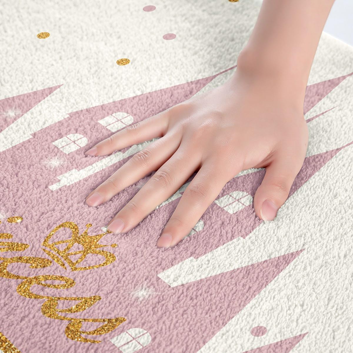Homewish Girls Princess Bathroom Rug,Cartoon Castle Non Slip Bath Mat Kids Teens Woman,Gold Glitter Dots Lines Shaggy Absorbent Floor Mat Sweet Girly White Pink Bath Indoor Doormat Decor,16
