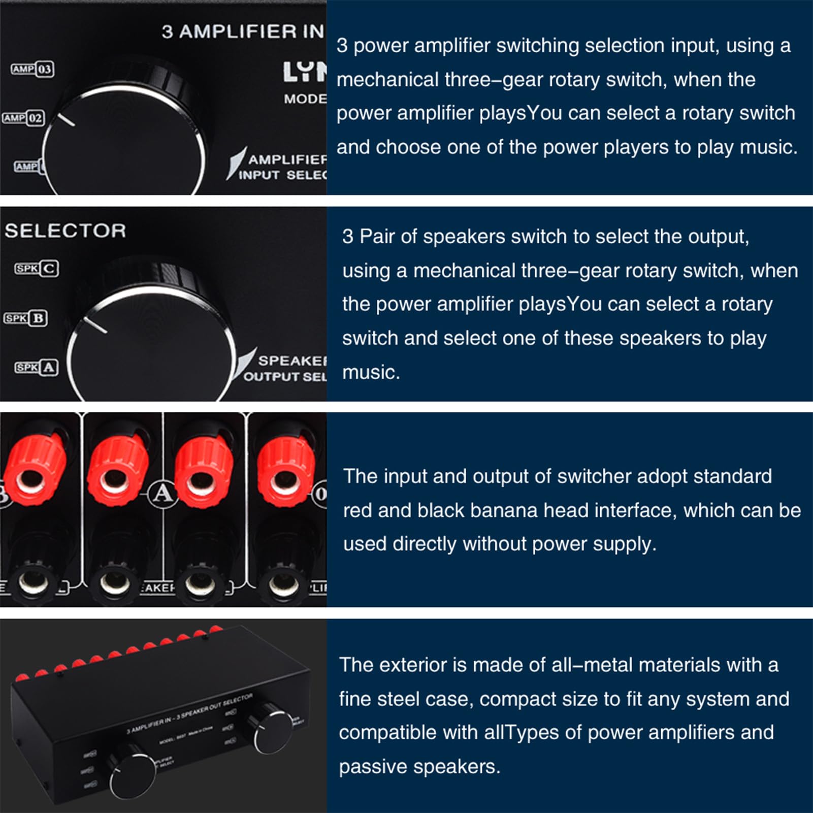 Switch Selettore Altoparlanti Amplificatore a 3 Vie, Scatola Splitter a 2, Switcher Altoparlante AB per L'audio di Stereo Home con USB, SD, FM, 3 Uscita 3, Plug e Play, Display