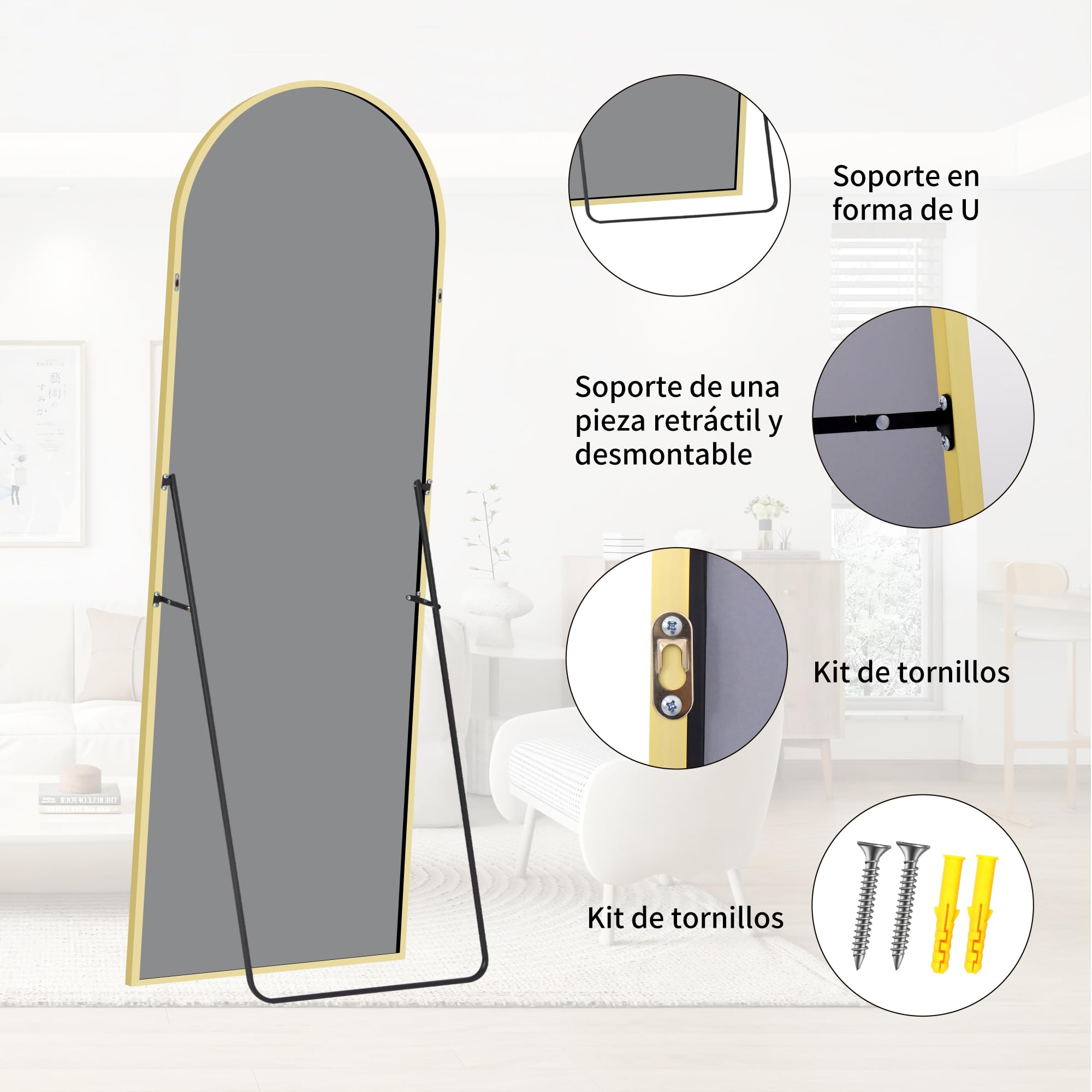 BONEWEI Espejo de Pie Cuerpo Entero Curvado, Espejos Grandes de Pared con Marco de Oro Aluminio 161 x 52 cm, Espejo de Pie Inclinado o Colgante para Salón, Dormitorio, Entrada