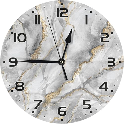 Reloj de pared de mármol gris dorado, silencioso, sin tictac, de 10 pulgadas, funciona con pilas, reloj redondo vintage para decoración del hogar