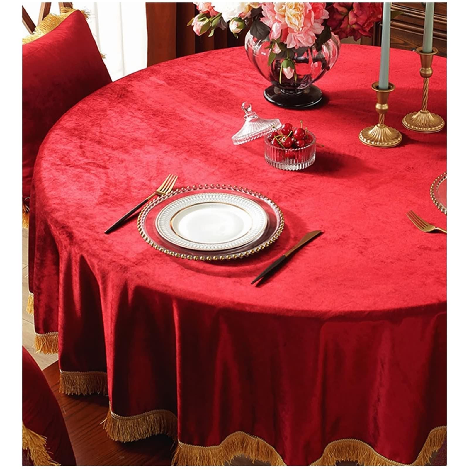 Tischtuch Rund 160 cm, Tischdecke Abwaschbar Polyester 2-4 Personen Einfarbiges Rot mit Quasten Tischdecke für Couchtisch