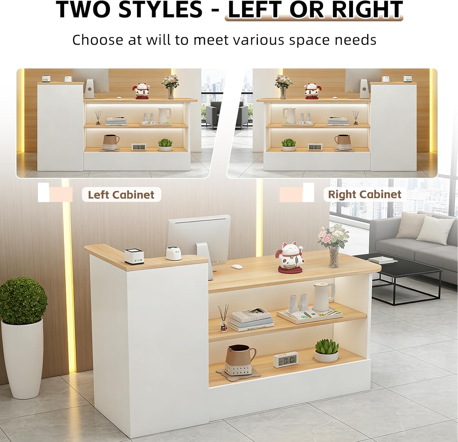 Modern Reception Desk with Display Shelves,Front Counter Table with Storage,Front Desk for Salons, Offices, Lobbies, Retail Stores and Cafes,Multiple Sizes & Colors