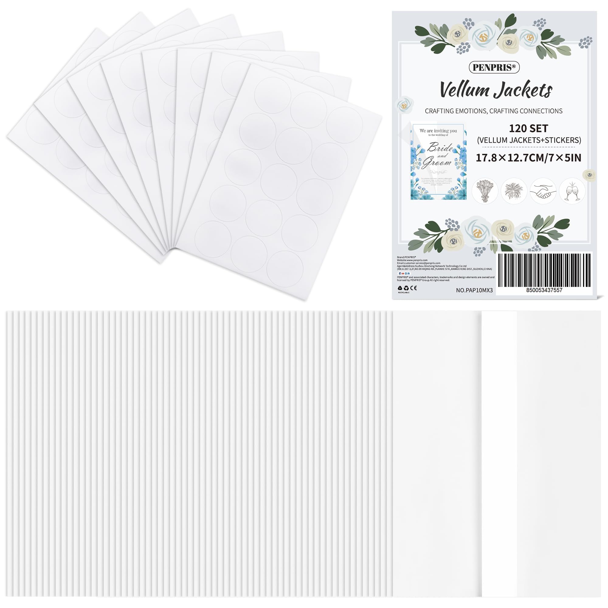120 Pcs Vellum Jackets - Pre-Folded Bulk Transparent Paper Envelope Liners for 5''x7'' White CardStock Vellum Wedding Invitations Wraps with 120 Sealing Stickers for Wedding Invitations PAP10MX3