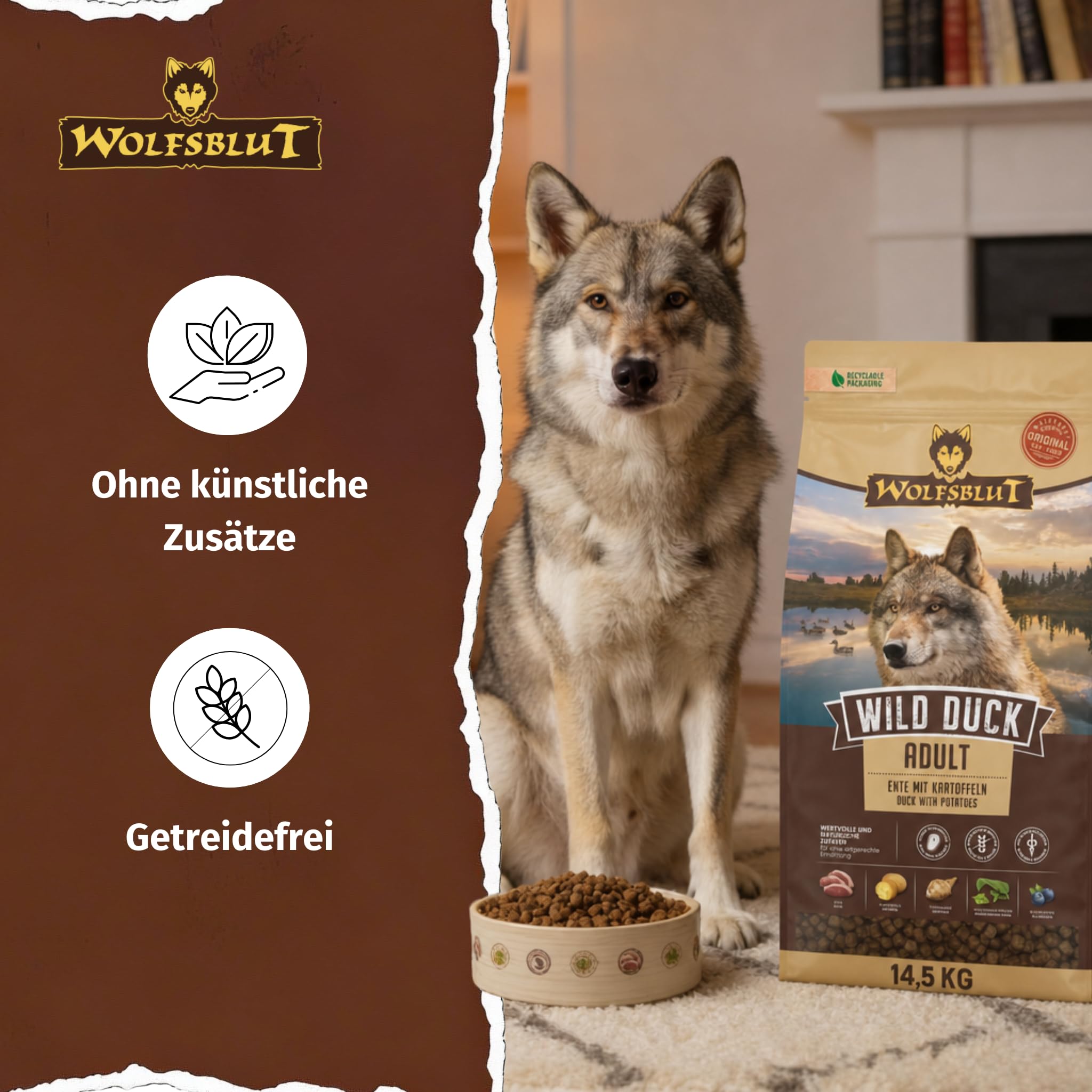 WOLFSBLUT – Wild Duck Adult | Trockenfutter mit natürlichen Zutaten und Superfoods für ausgewachsene Hunde. Getreidefreies Alleinfutter ohne Zusatzstoffe im Beutel | 14,5kg Ente