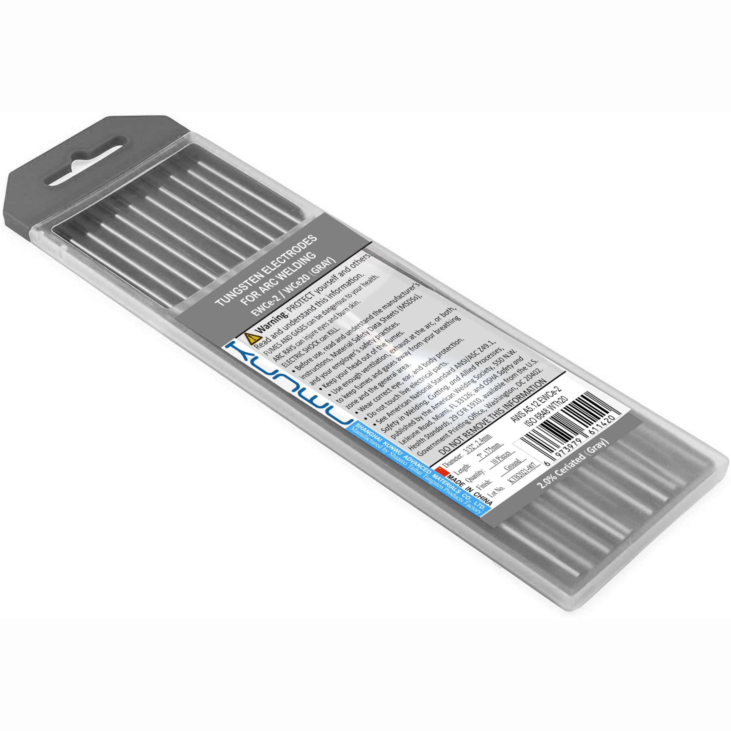 TIG Welding Tungsten Electrode 2.0% Ceriated Rod (Gray, EWCe20) 10-Pack (1/16"x 6")