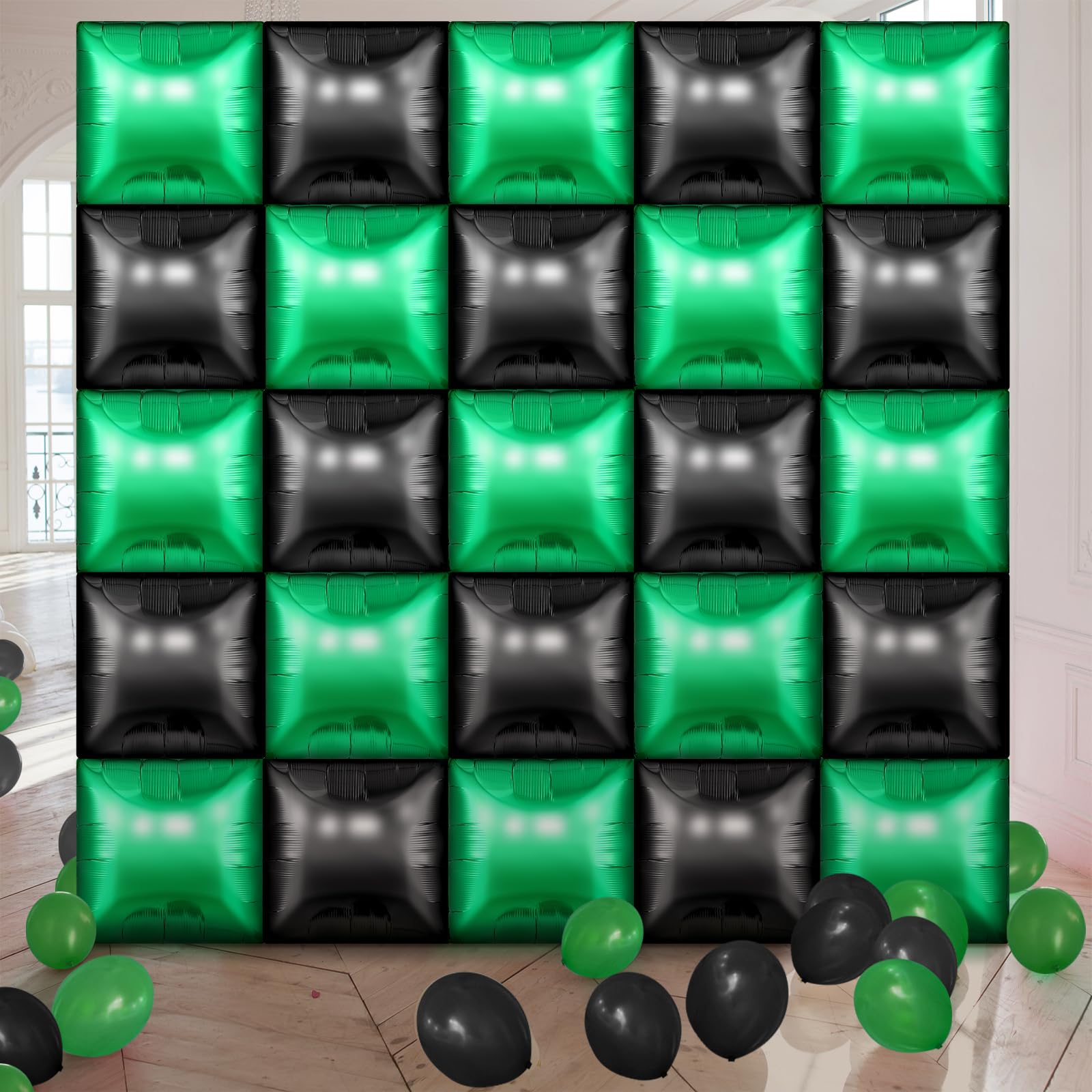 Charnoel 25 Pcs Video Game Party Double Sided Square Foil Balloons Wall Backdrop 19 Inches Green and Black Foil Balloons Tunnel Arch Garland Kit for