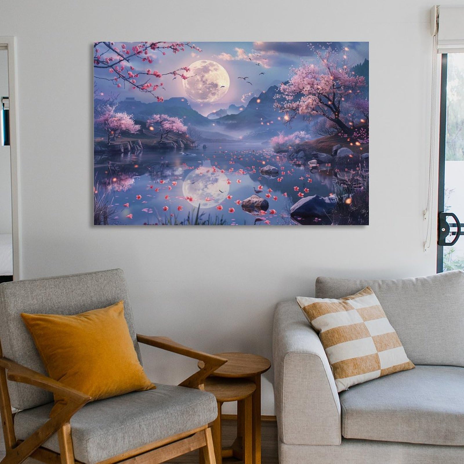 Amazon.co.jp: 絵画 満月の夜に花が咲くインテリア 絵画 美しい自然の
