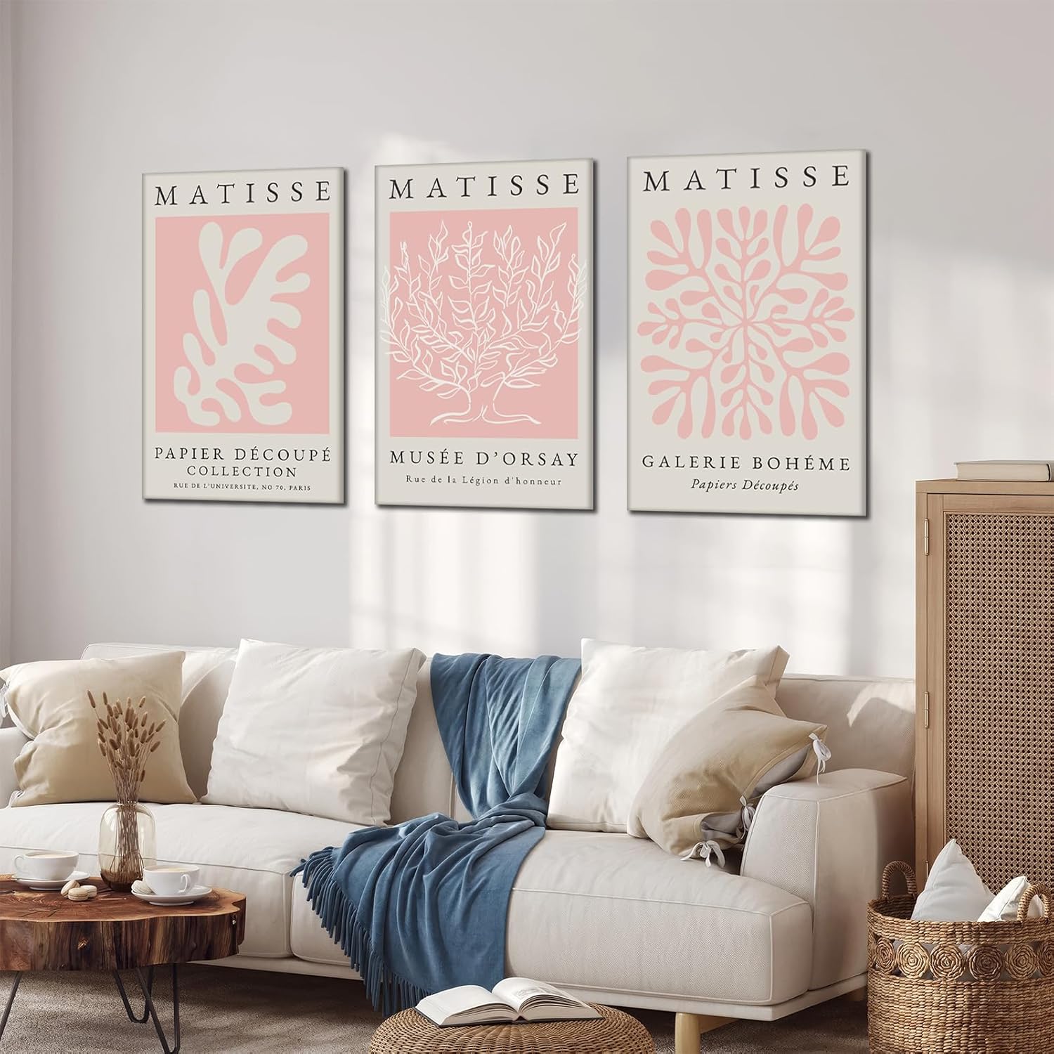 Pink Matisse Wall Art Set of 3, Abstract Matisse Wall Decor, Light Pink Canvas Painting Prints Minimalist Modern Aesthetic Posters Pictures for Living Room Bedroom Bathroom16x24 in Framed