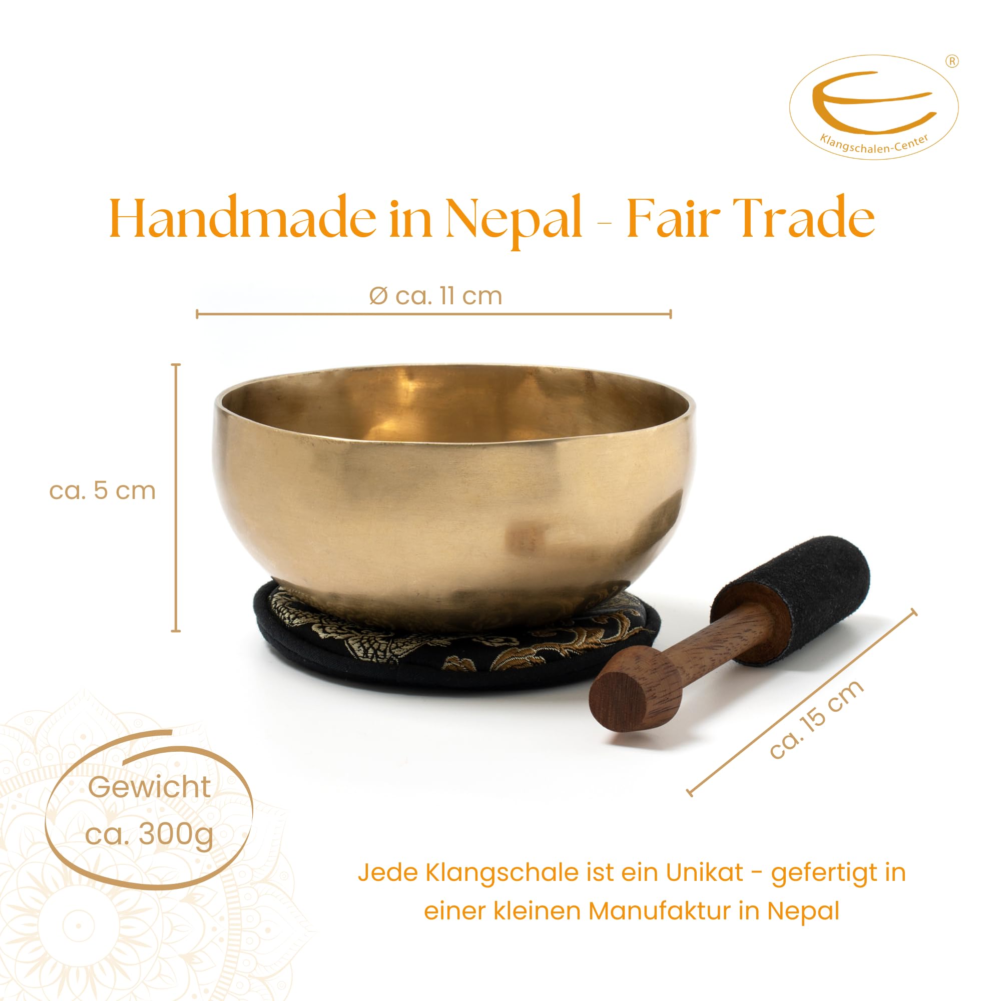 Tybetańska misa dźwiękowa I ok. 300 g I do medytacji, jogi, uważności I wraz z pałeczką/podkładką I ręcznie kuta I Fair Trade z Nepalu
