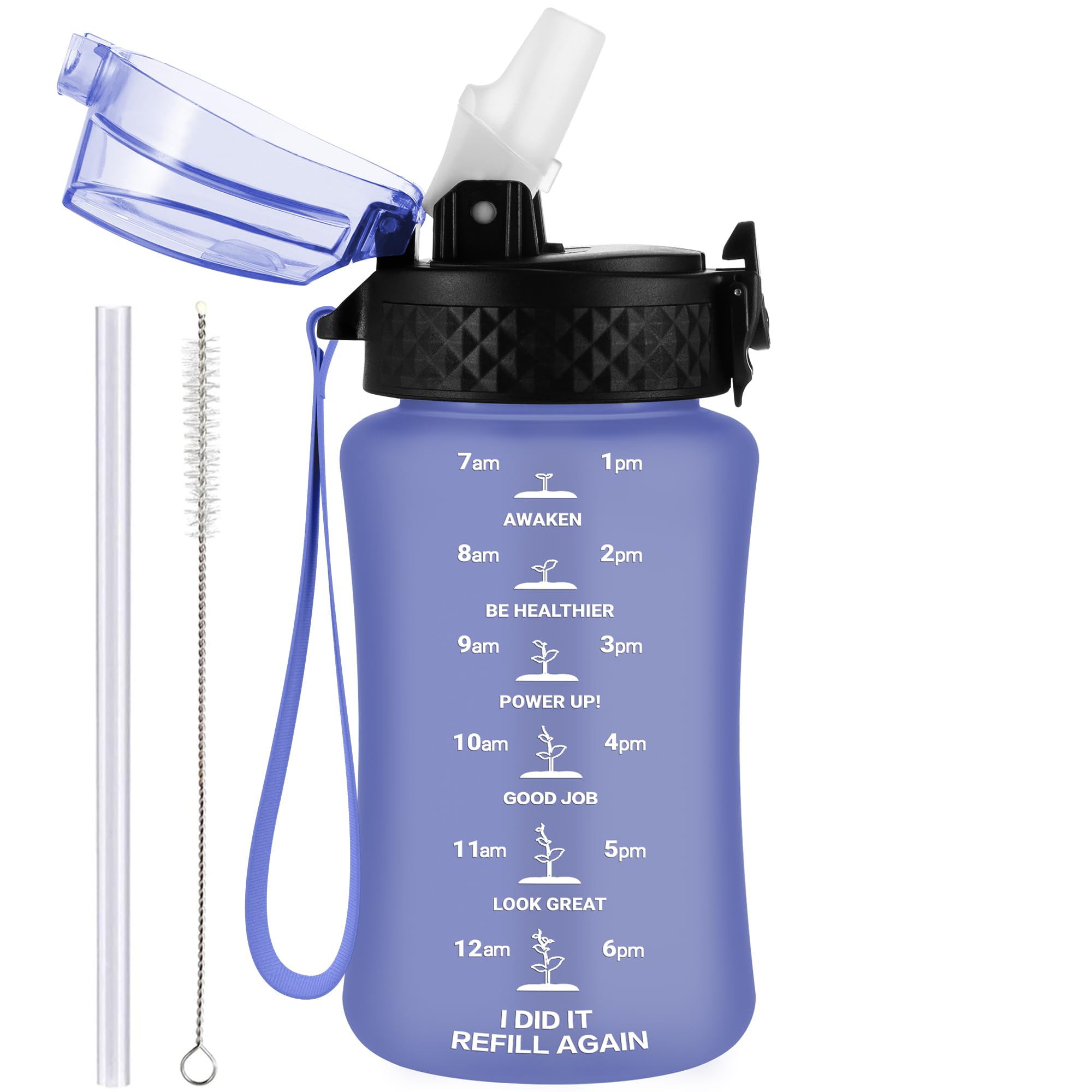 GOPPUS 350ml/12oz Kids Water Bottle With Straw Tritan Drinks Bottle with Strap Small Toddler Juice Bottles with Flip Top Lid Leakproof Children's Cup with Time Marking BPA free Girl Boy (Purple)