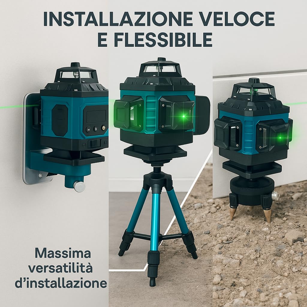 Livella Laser 16 Linee Verde 4x360° Dealix con Cavalletto 1 m, Staffa Magnetica, Base a 3 Punte – Kit Autolivellante Professionale per Edilizia, Cartongesso, Piastrellisti, Pareti, Controsoffitti