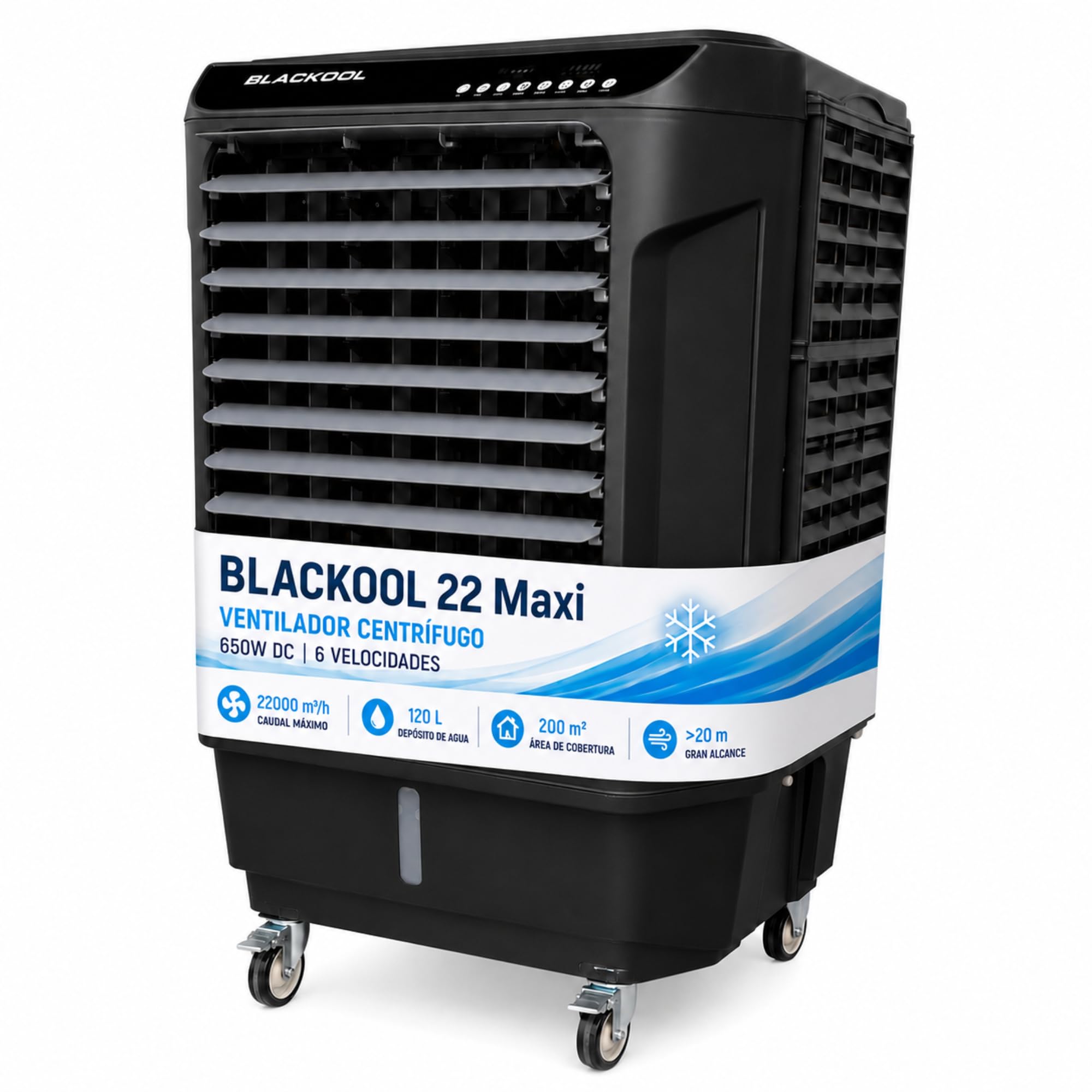 Climatizador Evaporativo Industrial VONALA BLACKOOL 22 MAXI – Enfriador de Aire Profesional con Lámpara UV y WiFi, Depósito 120L, Caudal 22000 m³/h, Cobertura 200m²