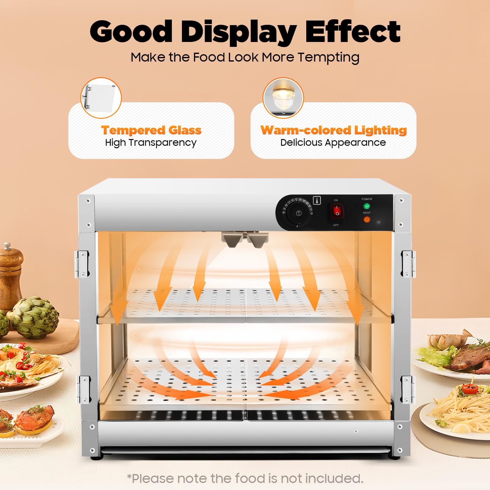 Vetrina calda, scaldavivande elettrica in acciaio inox 201, 2 ripiani da 800 W, portata di calore 30 ~ 85 °C, ripiano 50 x 30 cm, distanza tra i livelli 14 cm