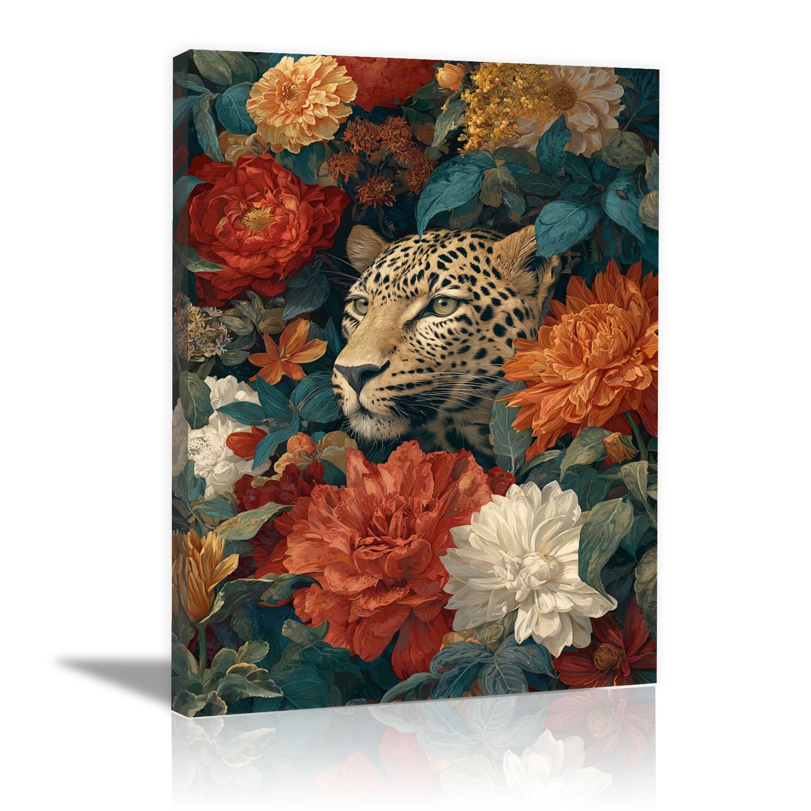 TERUEA Creature Print, Animal Canvas Wall Art, Hunting Pictures, Leopard Vintage Floral Jungle Animal (Orange)-30x45cm Framed