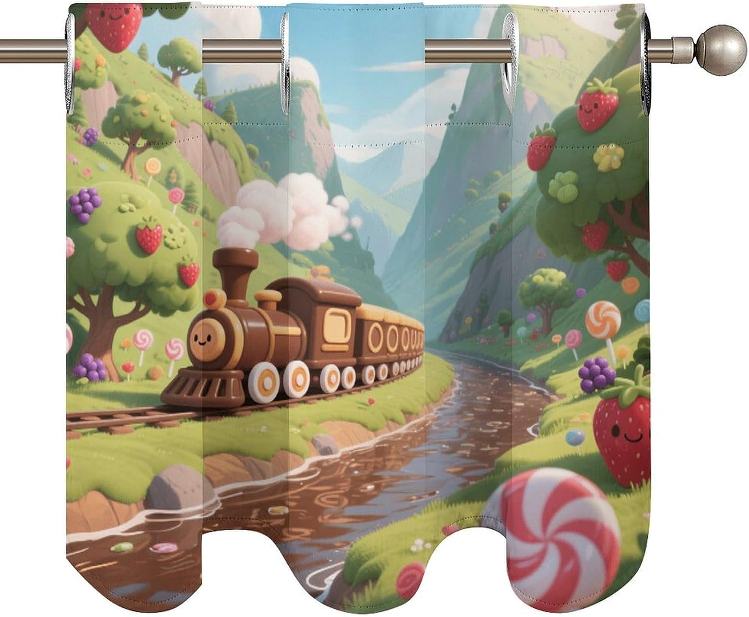 Candy Train Valley Curtain 2 Panels, Polyester Fiber, Blackout Insulated Window Curtain, Curtain Valance for Kitchen Dining Room Living Room Cafe Small Window 52 * 18.1 Inches
