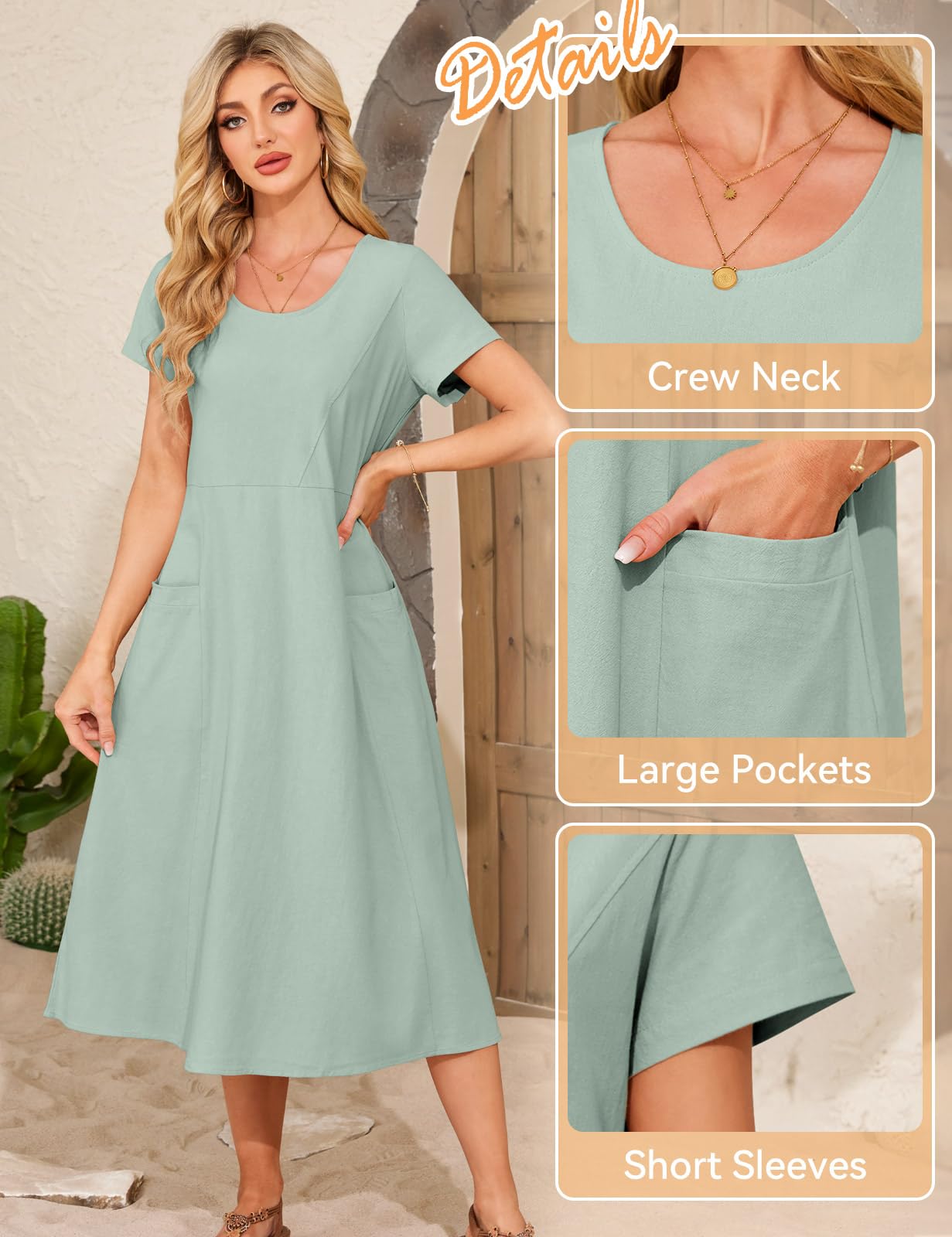 Vestito Donna Estivo Vestiti Lungo Cotone Abito Manica Corta Scollo Rotondo Elegante Vestito da Mare Spiaggia Boho Casual Abiti Lunghi con Tasche