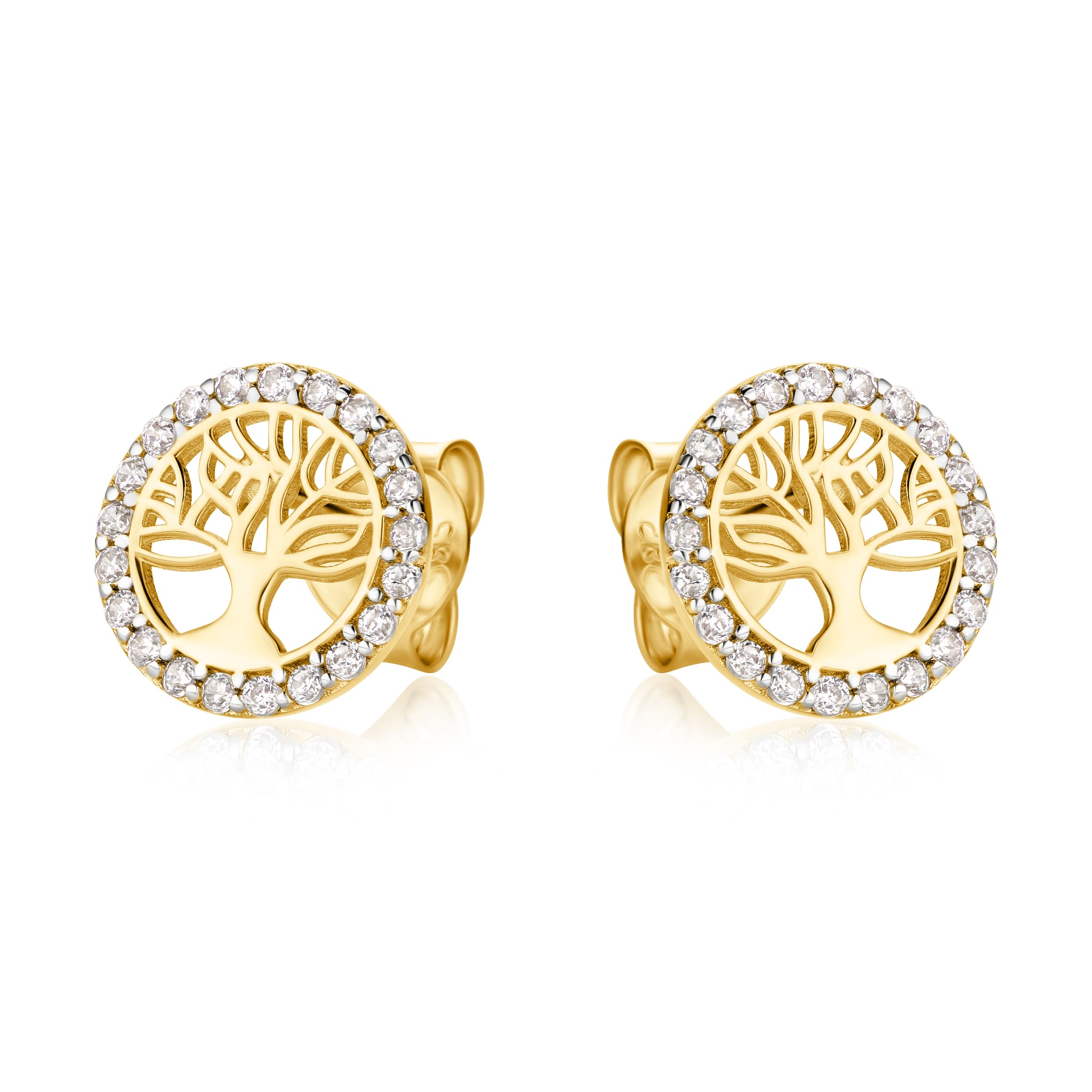 Zarte 14 Karat 585 Kleine Lebensbaum Ohrringe Gelbgold Mit Zirkonia Steinen