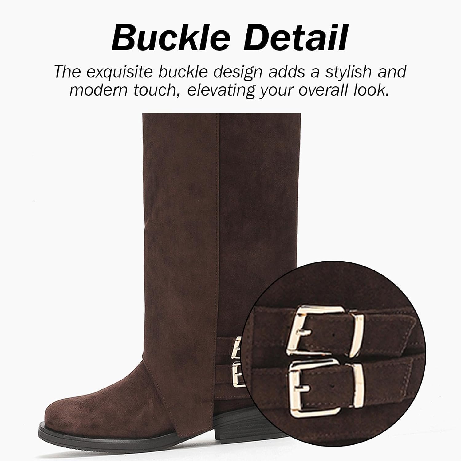 Putu Women's Fold Over Boots Flat Knee High Boots Faux Suede - Image 4