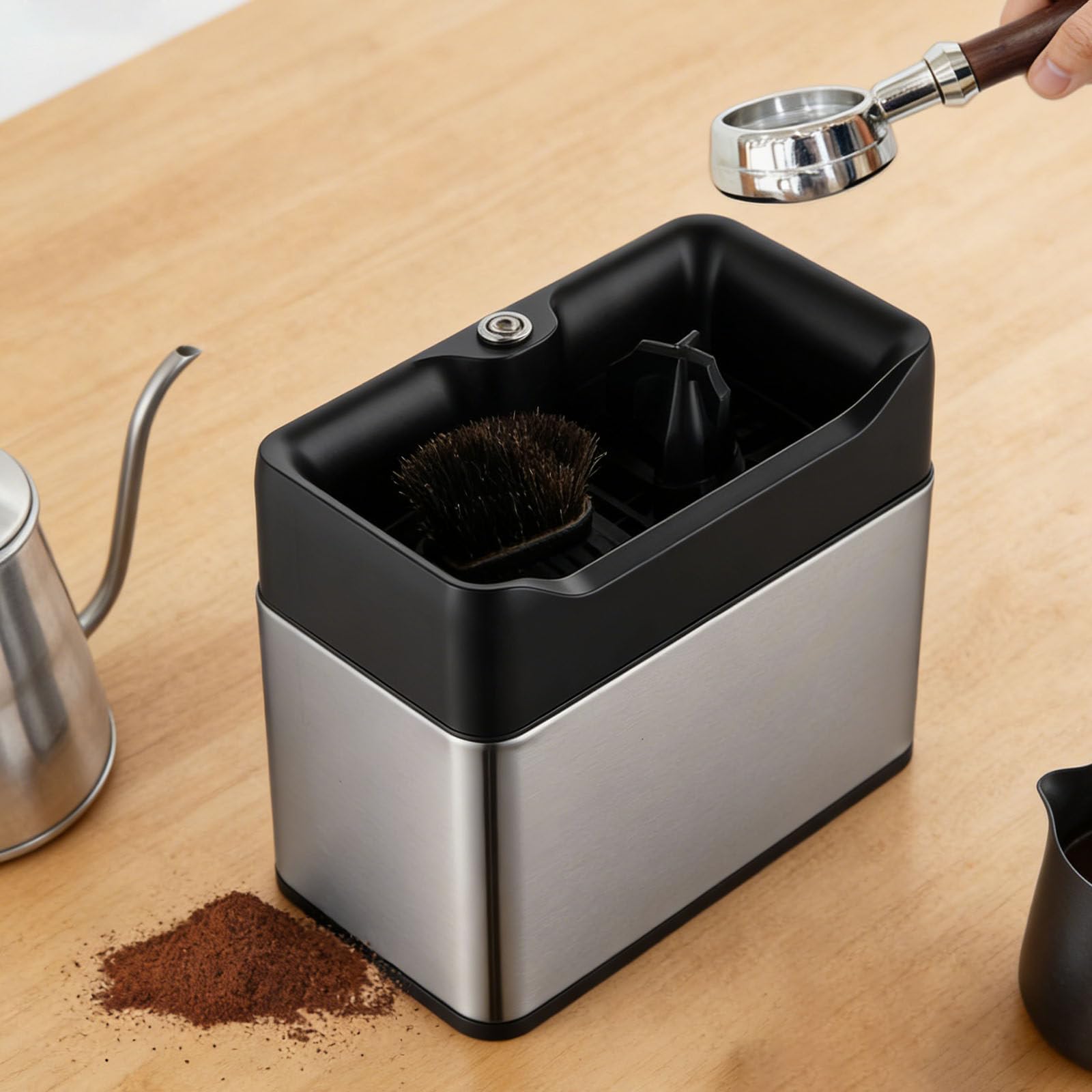 Limpiador De Portafiltros Eléctrico, Máquina Automática para Limpiar Posos De Café, con 2 Raspadores Y 2 Cabezales De Cepillo, 3 L, 340 RPM para Portafiltros De Café De 58 Mm Silver