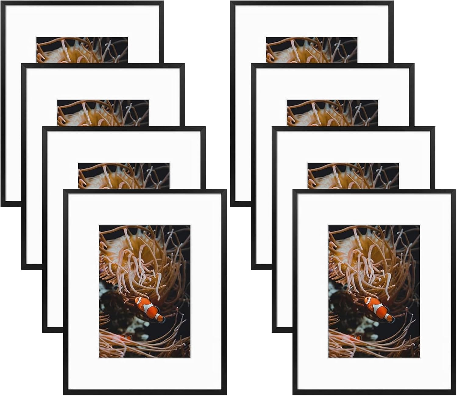 Frametory, 8x10 Metal Picture Frame with Mat for 5x7 Picture & Real Glass, Aluminum Photo Frame Collection (Black, 8 Pack)