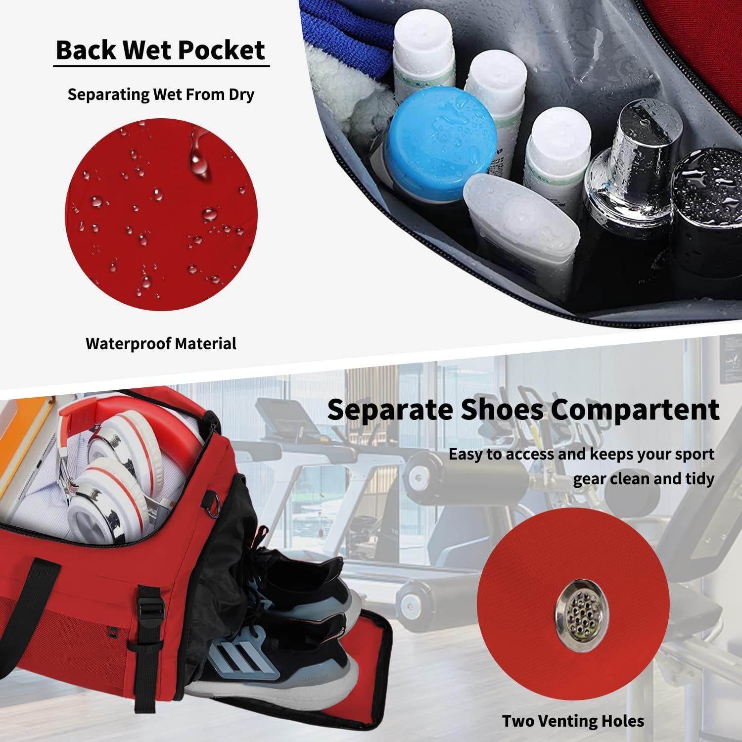 Bolsas de gimnasio para hombre con compartimento para zapatos, bolsa deportiva con bolsillo húmedo para mujer, 65 L, Rojo -, 85L