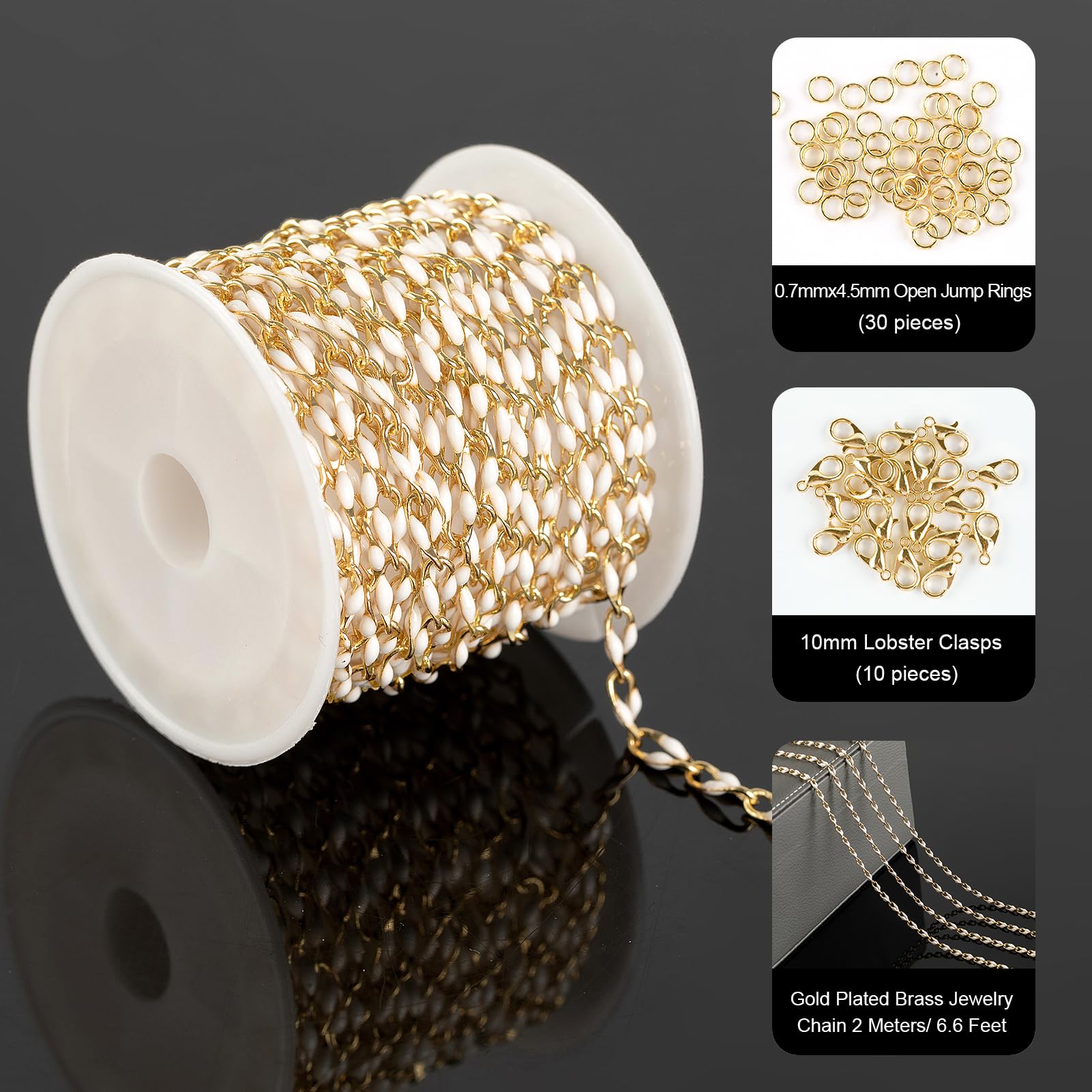 Catena smaltata bianca per personalizzare la collana fai da te, catena in ottone placcato oro da 2 metri con anelli aperti e chiusure a moschettone