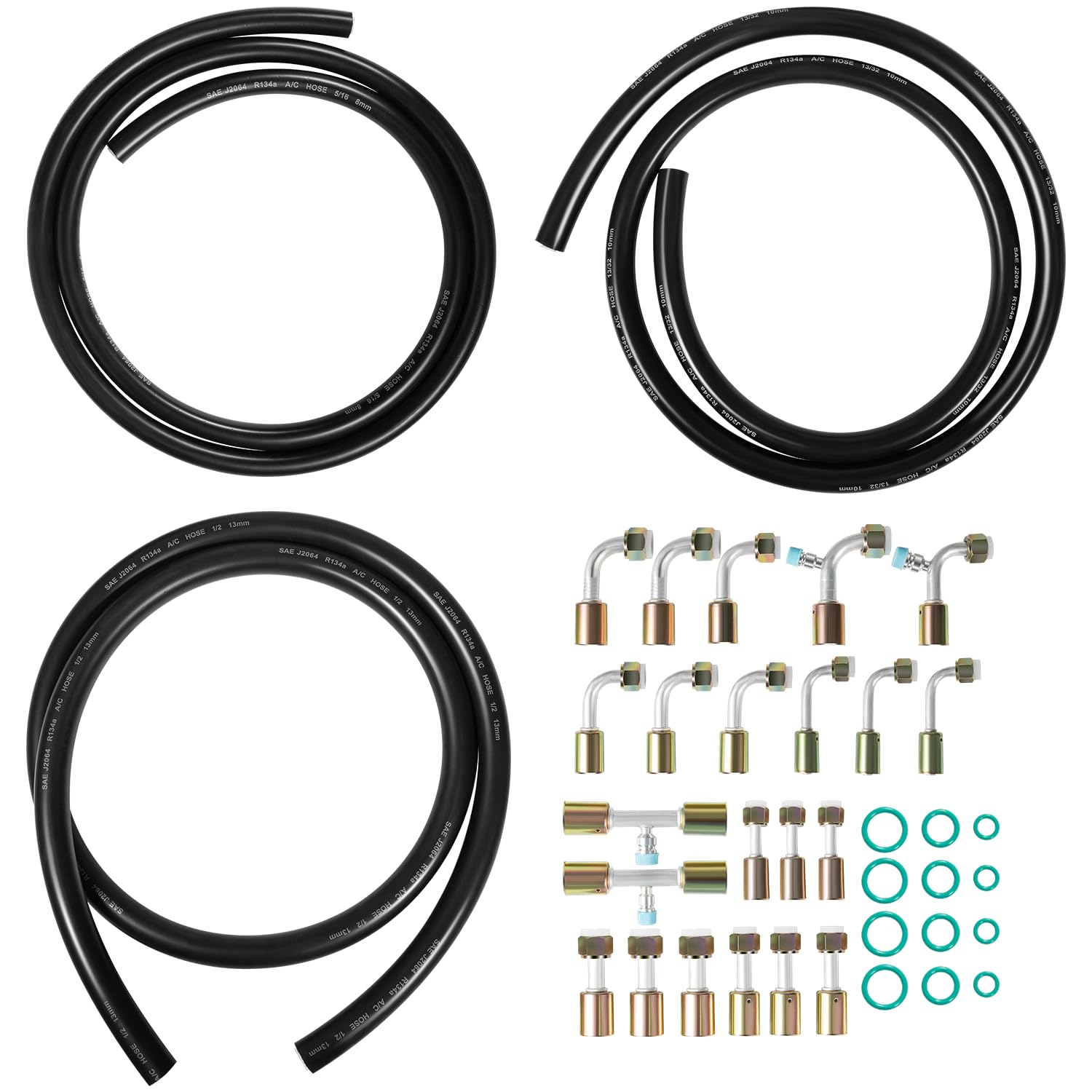 Air Conditioning Hose and Fitting Kit Complete A/C Air Conditioner Refrigerant Hoses Fittings, Include 6 8 10 Number Hose, Straight AC Fittings and 90 Degree Angle Connectors