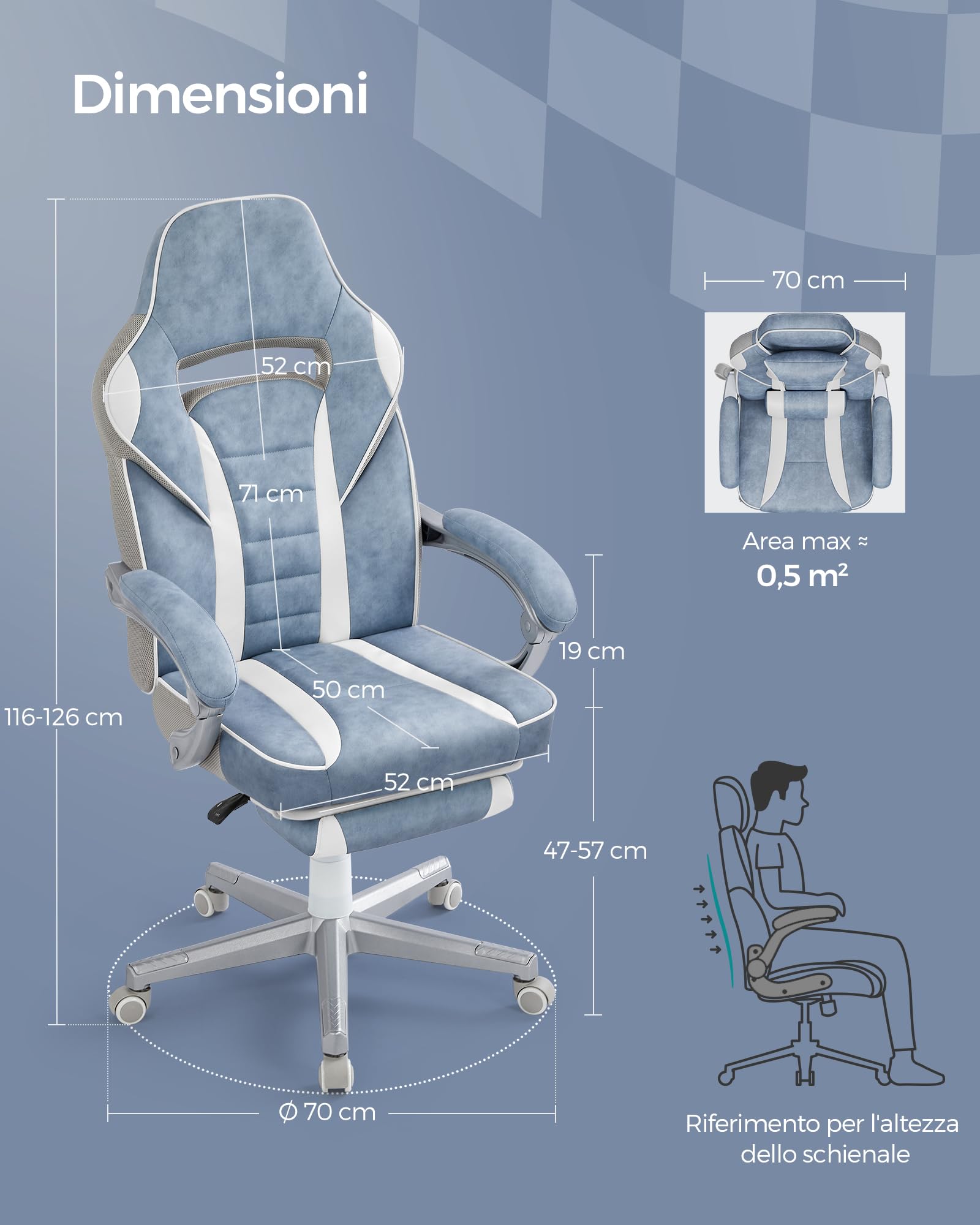 SONGMICS Sedia da Ufficio, Poltrona Racing Ergonomica, Poggiapiedi Telescopico, Schienale Inclinabile, Poggiatesta e Supporto Lombare, Portante di 150 kg, Blu Turchino e Bianco Crema OBG073Q01