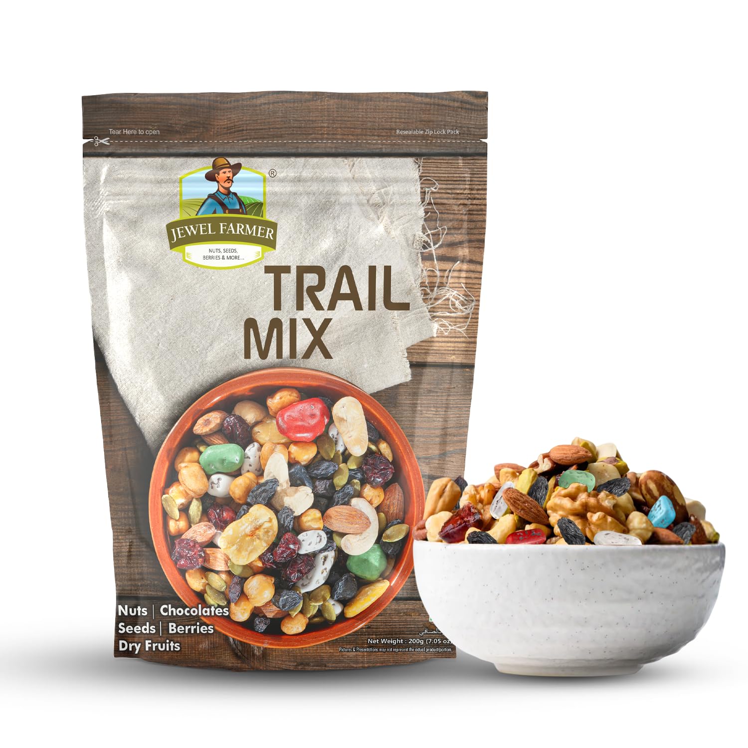 JEWEL FARMER Trail Mix with Chocostones, Almonds, Cashewnuts, Cranberries, Chickpeas, Pumpkin Seeds, Black Raisins, Broad Beans, Sugar, Sunflower Oil & Edible Salt (200g)-image-24