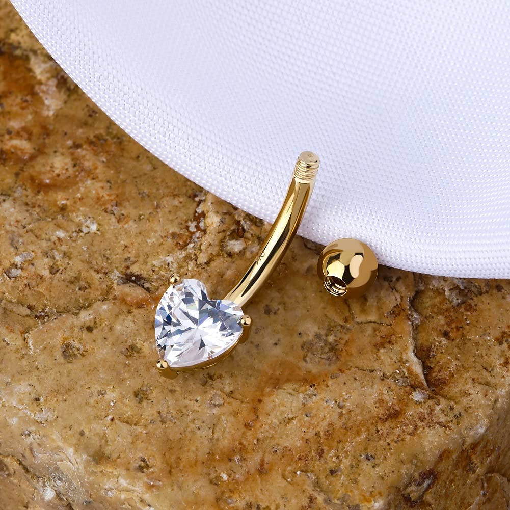 OUFER Carat Gold White Gold Heart Belly Bars Solid Cubic Zircon Belly Button Rings Navel Piercing Jewellery 14 Gauge 1.6mm