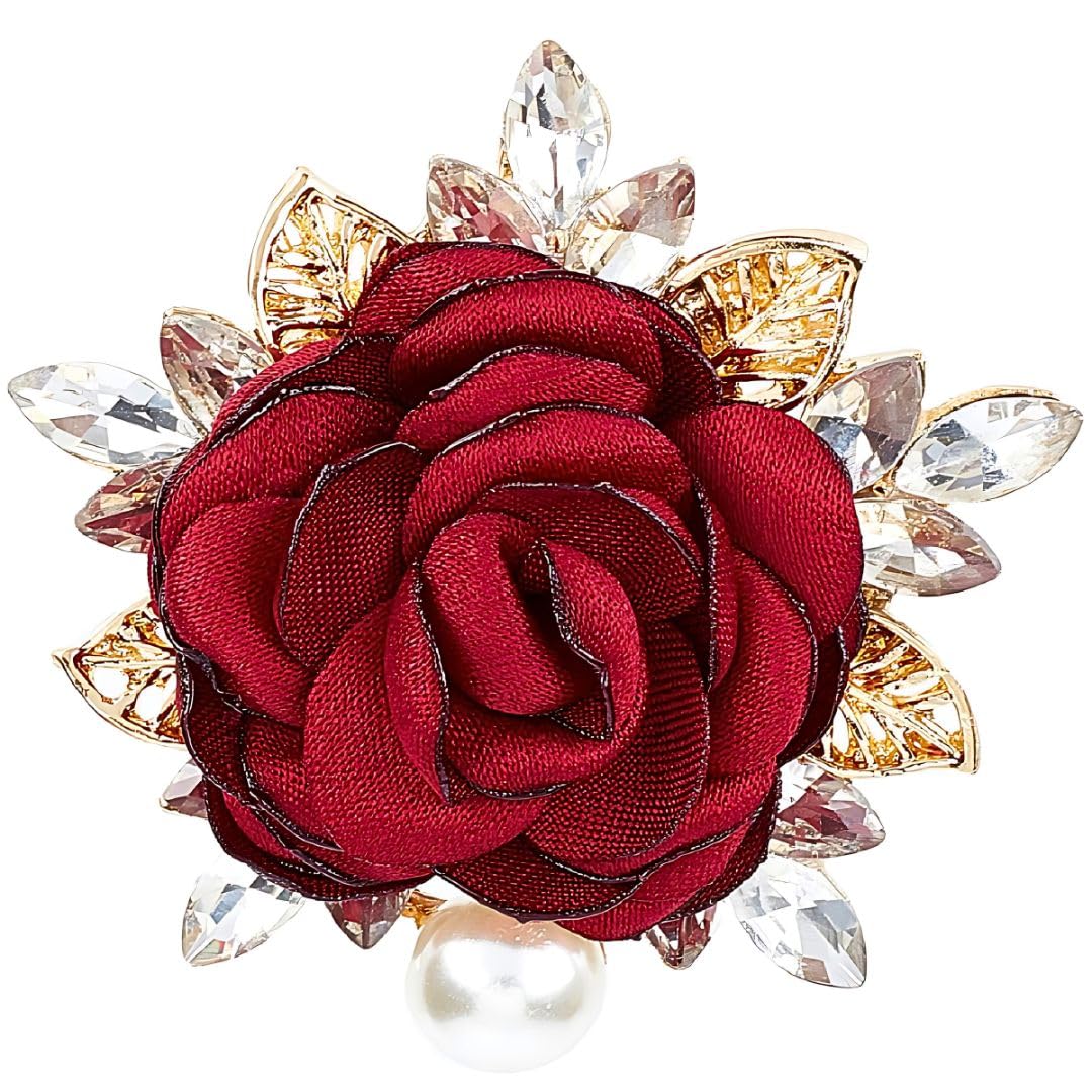 Gold Plated Fabric 'La Rose Rouge' Flower Brooch Cum Saree Pin For Women And Girls (Brooch0658) 1 Pc-image-20