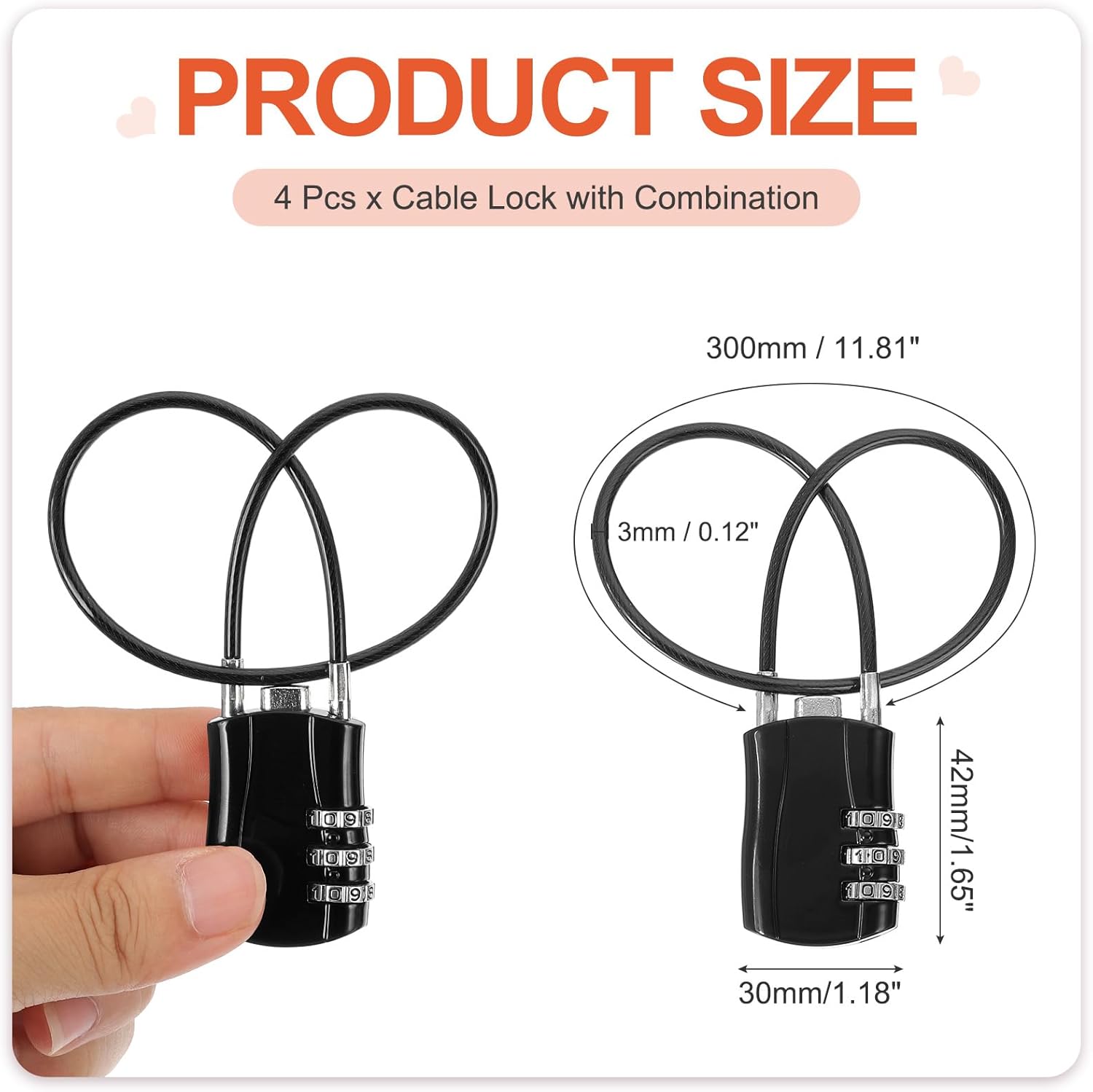 MECCANIXITY 4 Pcs Luggage Travel Lock, 3 Digit Cable Combination Lock 1-3/16" Width Body with 12" Long Cable for Suitcase Bag Cabinets Small Fences Gym, Black