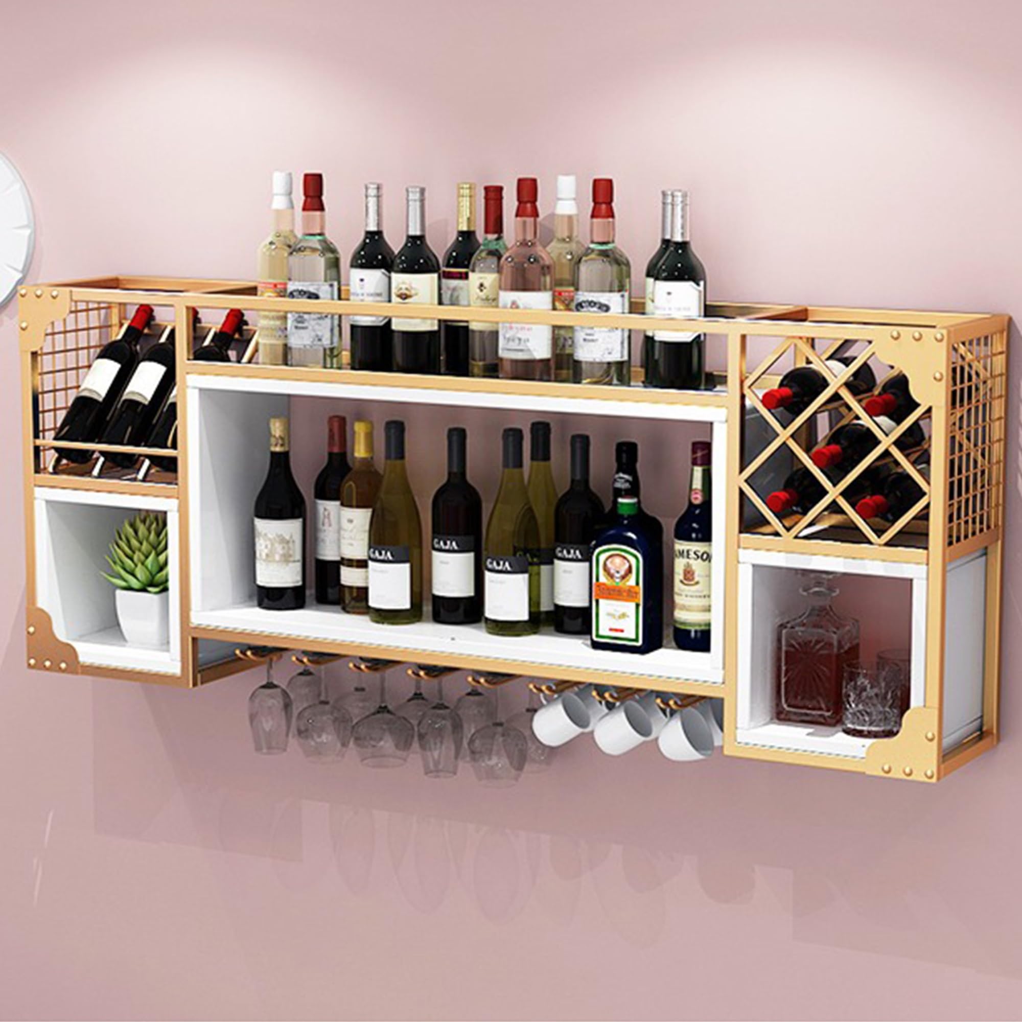 Armoire à liqueur suspendue en métal au design raffiné pour bouteilles et verres