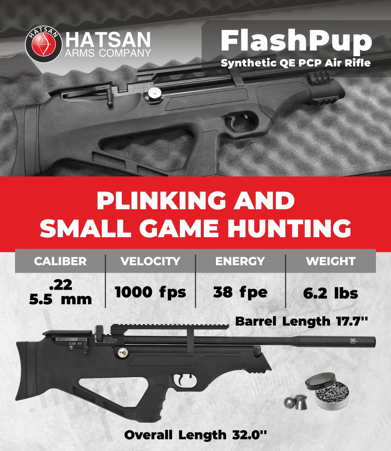 Hatsan FlashPup New QE .22 Cal Air Rifle with Pack of 250ct Pellets and 100x Paper Targets Bundle