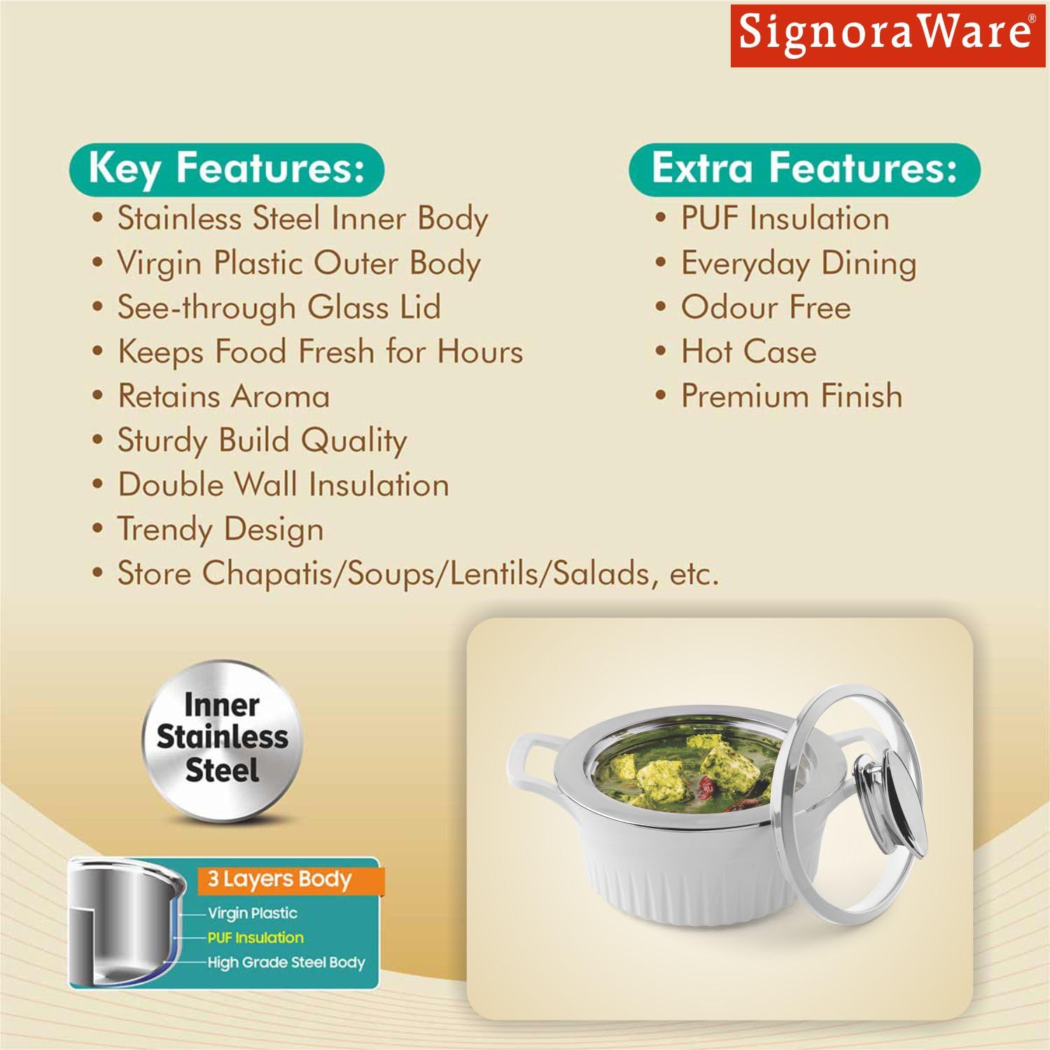 SignoraWare Master Lock BPA Free Plastic Casserole with Glass Lid | Airtight & Leakproof | Microwave Safe | Perfect for Home, Kitchen & Gifting | Ideal for Storing & Serving Hot Meals (1 Ltr |White) 4