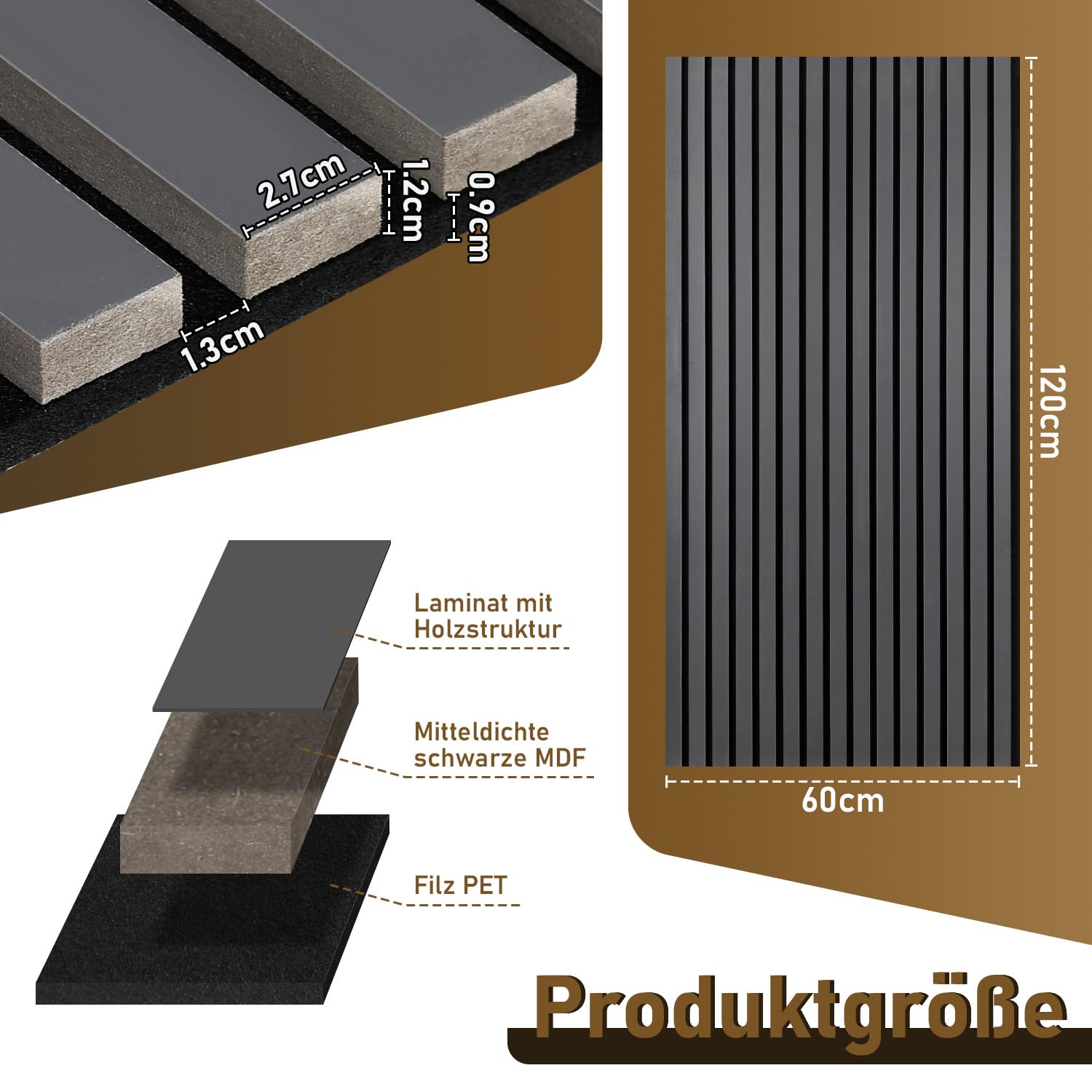 Drewniane panele akustyczne 120 x 60 cm (= 1 sztuka), panele ścienne 3D o wyglądzie drewna, dla lepszej akustyki pomieszczenia i redukcji pogłosu, panele ścienne drewniane do biura, szare