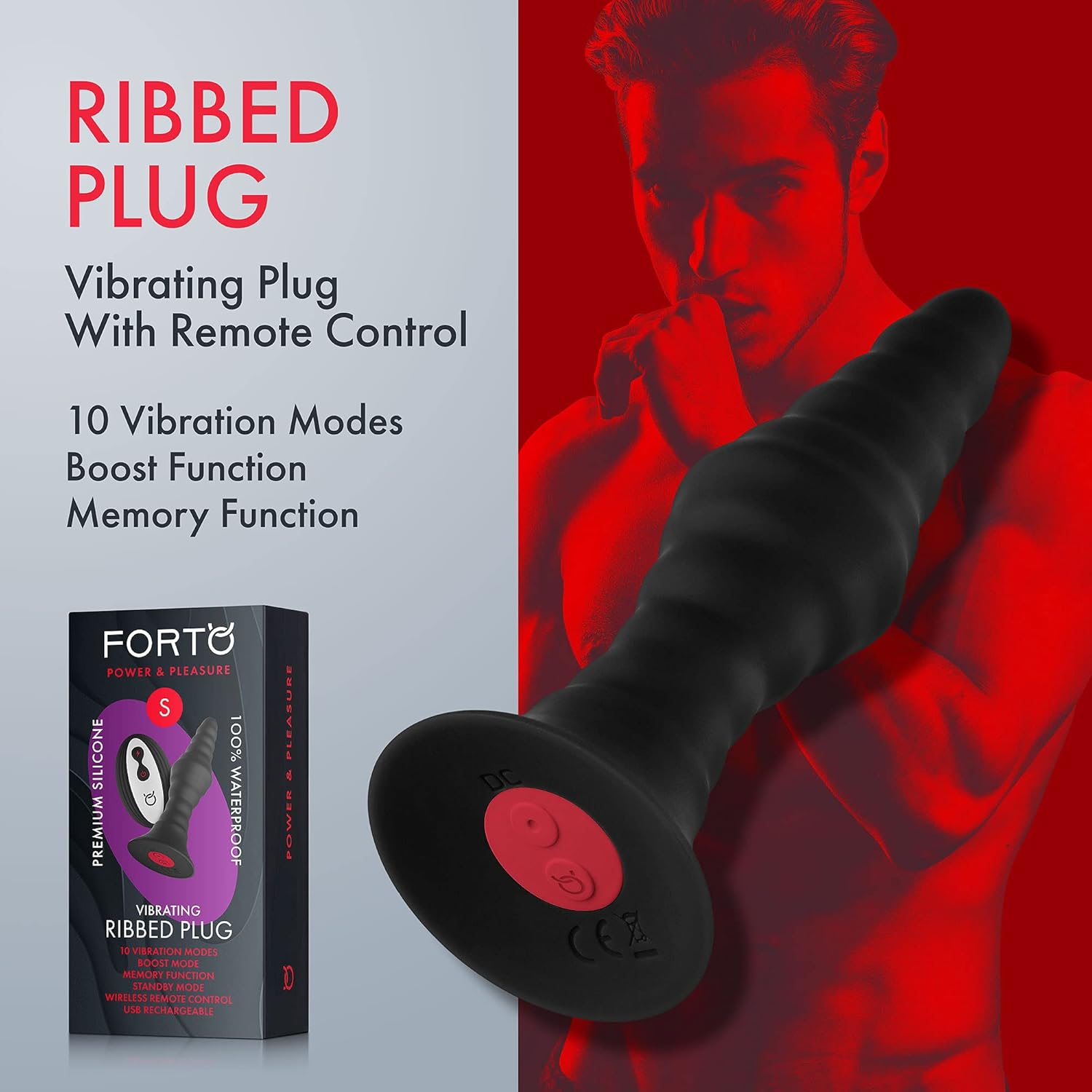 Forto Ribbed Vibrating Butt Plug with Remote Control & 10 Modes - 100% Waterproof Silicone Vibrating Anal Plug - Boost Mode, Memory Function & USB Rechargeable Adult Sex Toys for Men & Women (Small)