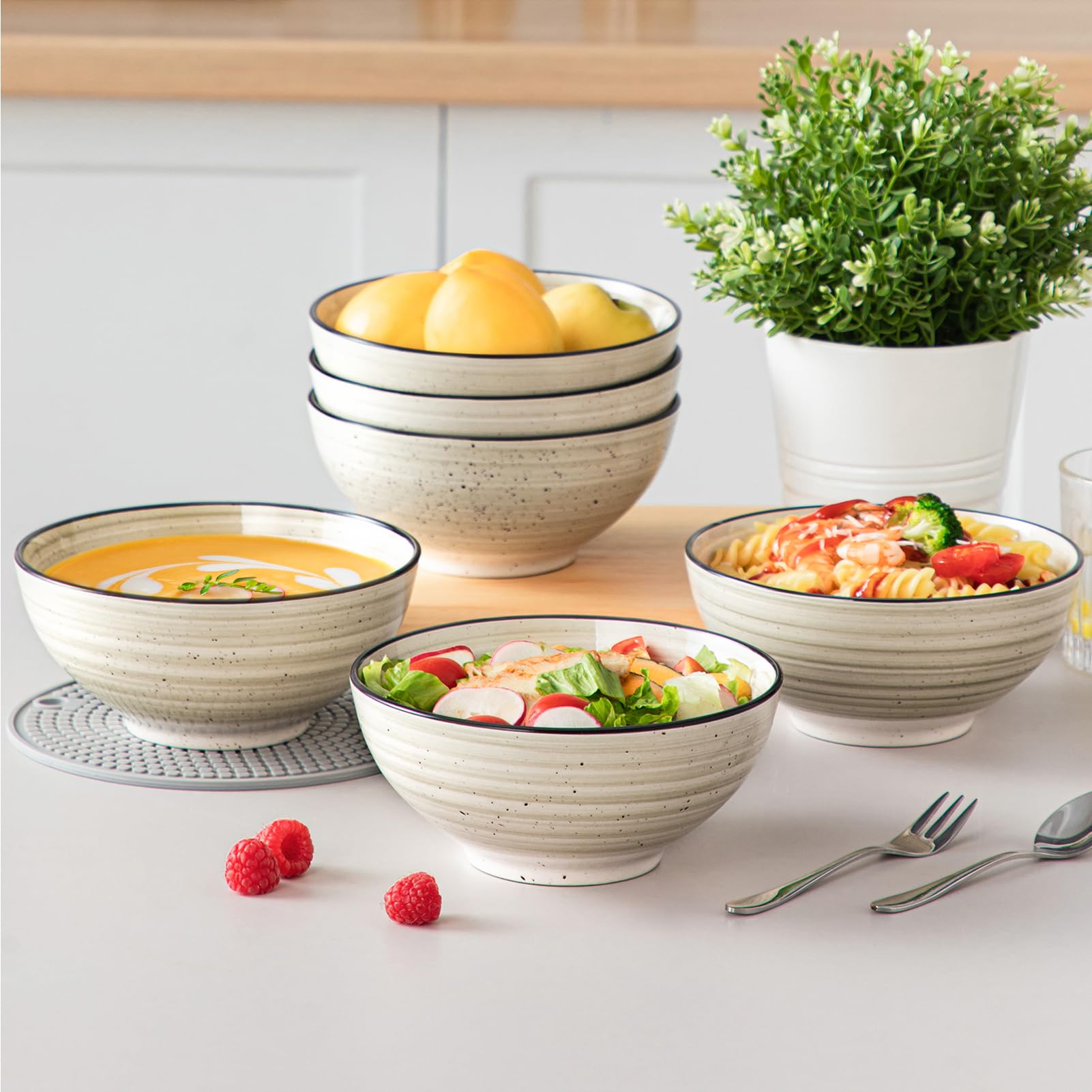 vancasso BONBON Steinzeug-Schüsselset 6-teilig (840 ml, 16,3 x 7,2 cm): Suppen-, Salat-, Pasta- & Müslischalen – Vielseitige Keramikschalen für Küche, Haushalt und Gastronomie, Beige
