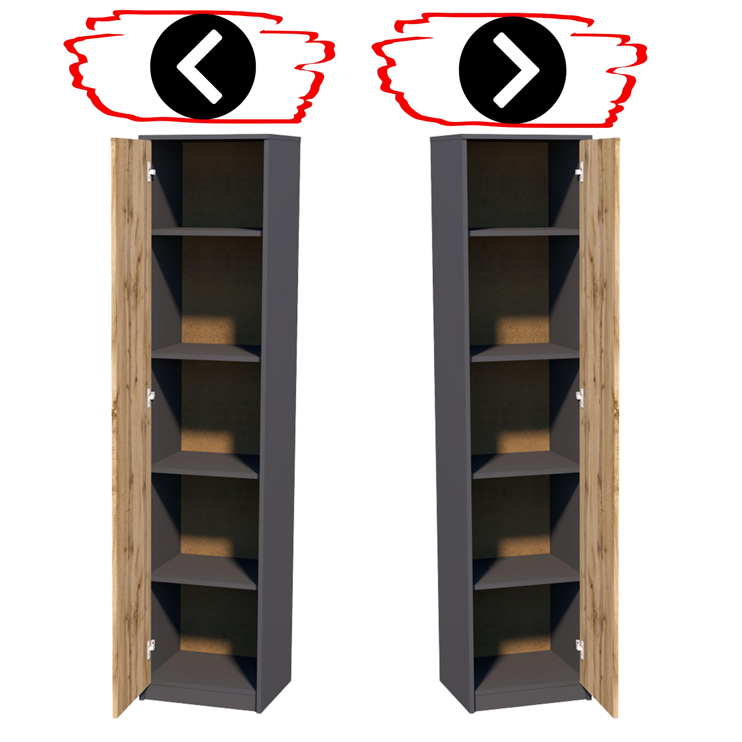 Aktenschrank Graphit/Eiche Wotan 180x40x35 cm Ordnerschrank für Akten 1 Tür und 5 Fächern Schmaler Büroschrank für Homeoffice Mehrzweckschrank Büro Wohnzimmer Flur Hochschrank aus 16 mm Möbelplatte