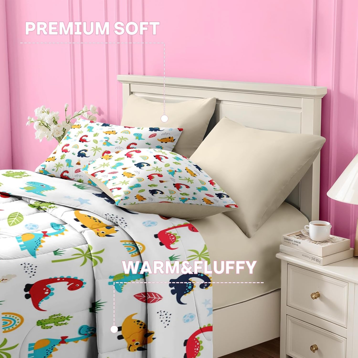 Nesker 7 Pcs Comforter Set Full Size, Cute Cartoon Dinosaur Bedding for Kids Teen, Colorful Dino with Fitted Sheet 2 Pillowcases & 2 Shams for Bedroom Bed Decor - Image 6