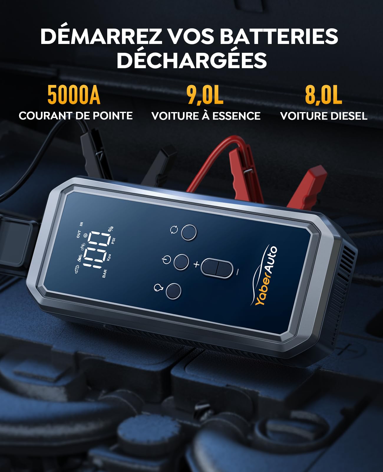 YaberAuto Booster Batterie Voiture avec Compresseur 5000A 150 PSI Booster Batterie Moto/Auto (Jusqu’à 9,0L Gaz ou 8,0 L Diesel) 12V Demarreur Batterie Voiture avec Gonfleur,Grand Écran LED,Lamp LED