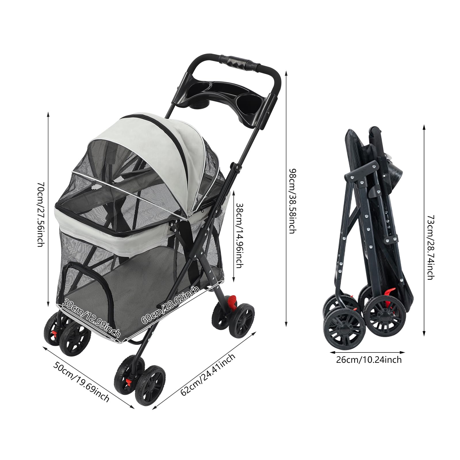 Transportín para perros con ruedas, mochila plegable para perros con función de carro, paneles de malla transpirable con red elevada para viajes y excursiones con perro o gato (gris y