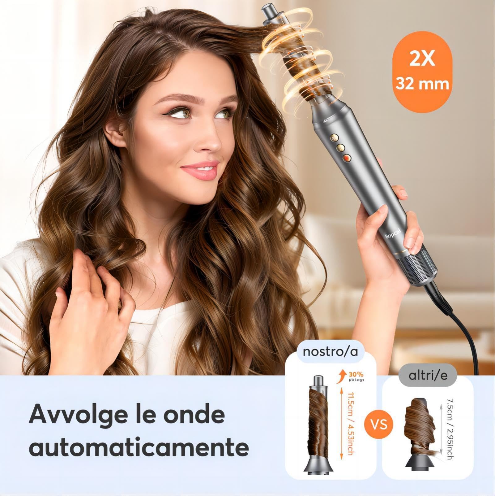 Bopcal Hair Styler 5 in 1 - Phon Capelli professionale 110000 RPM, Arricciacapelli Automatico, Spazzola Asciugacapelli e Spazzola ad Aria Calda con Ionico Negativi per Ricci, Volumizzante, Lisciante