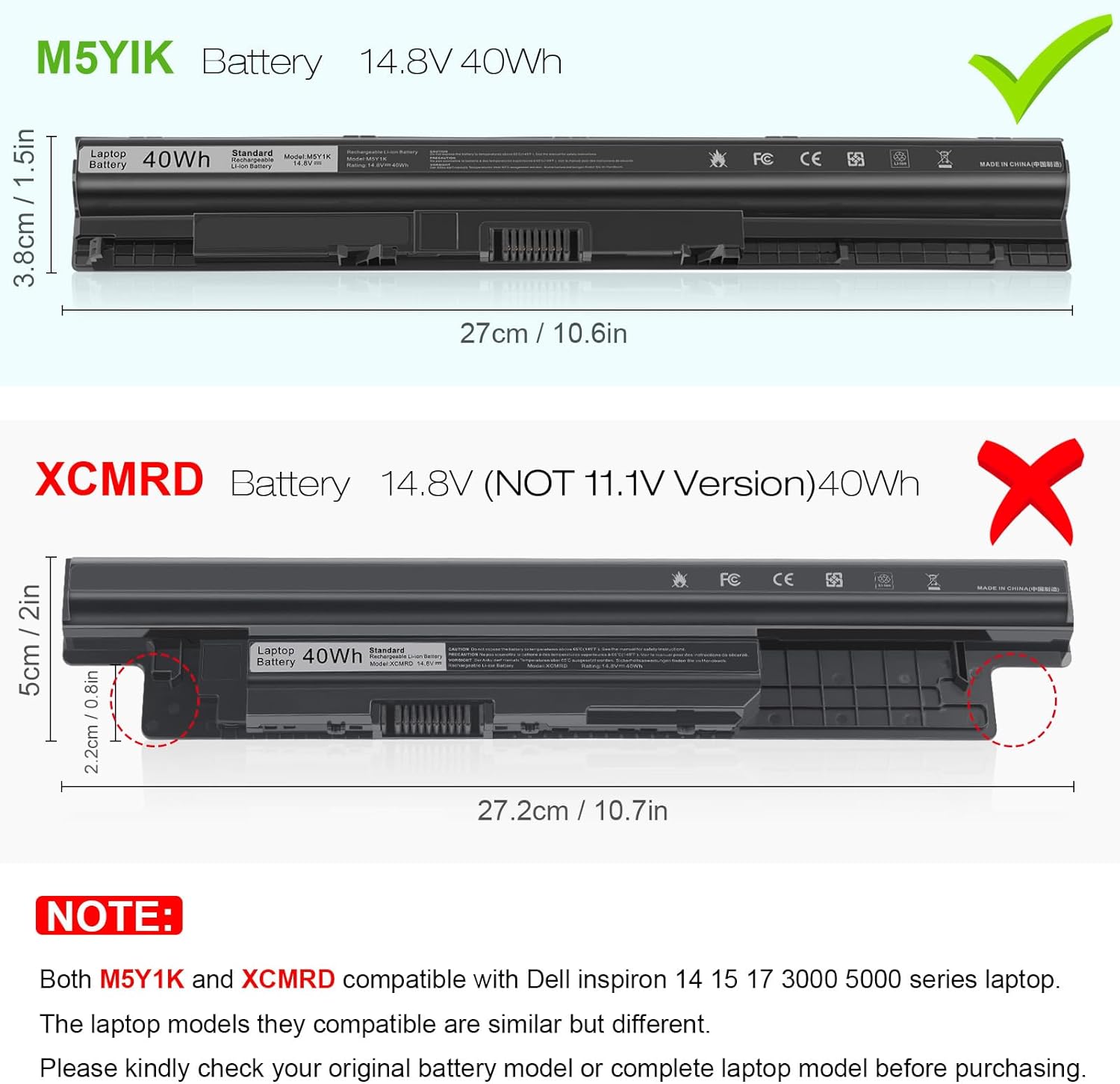 14.8V 3476 Replacement Laptop Battery for Dell Inspiron 13 14 15 3000 4000 5000 Series Compatible P/N: Dell Inspiron GXVJ3 HD4J0 HD4J0 K185W KI85W M5Y1K M5YIK WKRJ2 VN3N0 451-BBMG - Image 2