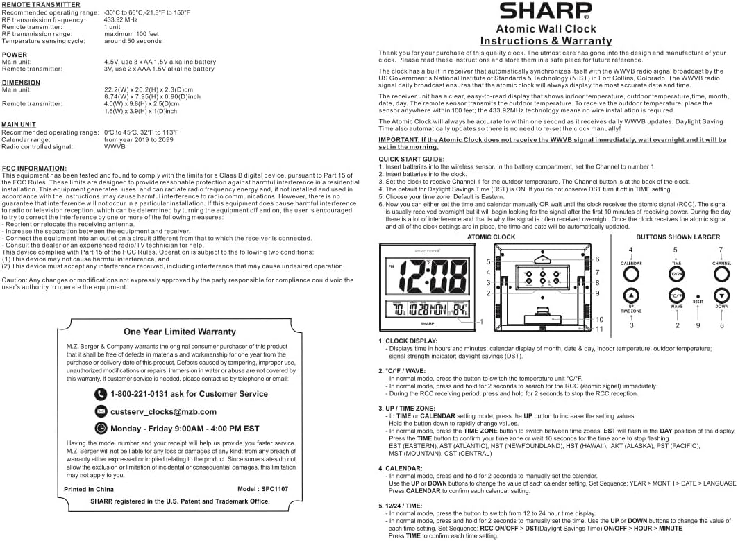Sharp Atomic Clock – Never Needs Setting, Jumbo 3” Easy-Read Display, Indoor & Outdoor Temperature with Wireless Sensor, Large Digital Wall or Desk Clock, Battery Operated, Auto Atomic Time Sync