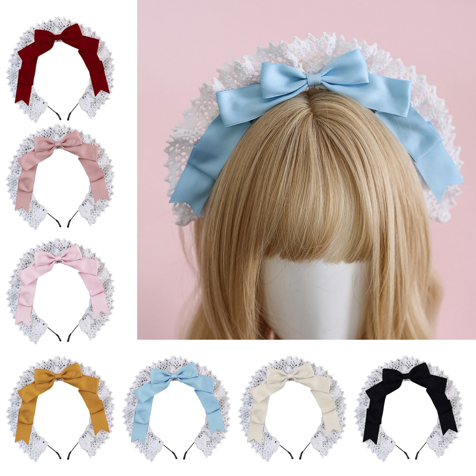 Fasce per capelli da donna Accessori per capelli eleganti Fasce per capelli Fiocchi in pizzo Fascia per capelli per cameriera Cosplay Copricapo adatto per varie acconciature e abbigliamento Fascia per