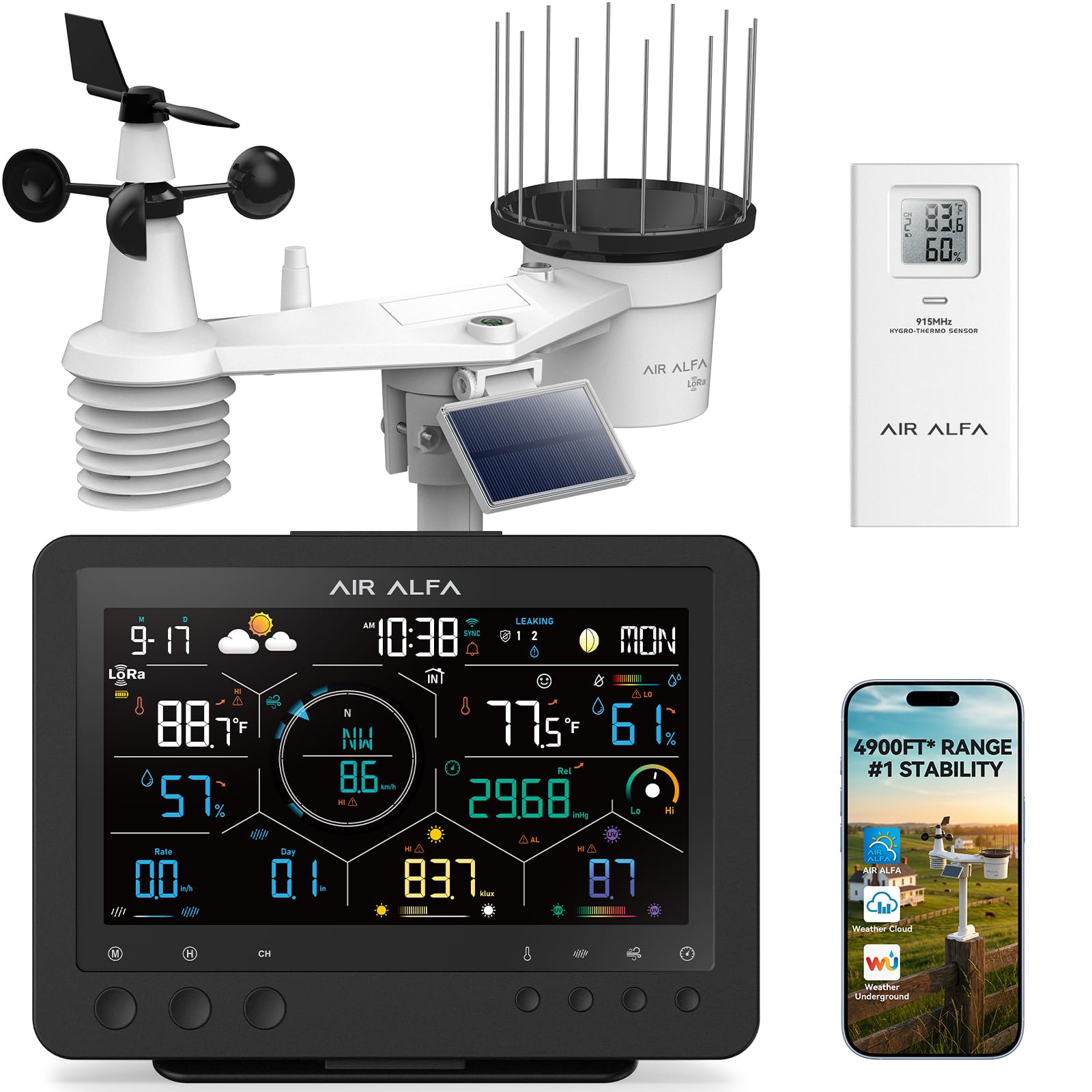 Photo 1 of AIR ALFA 4900FT WiFi Smart Weather Stations Wireless Indoor Outdoor, LoRa Based Wireless Weather Station with 7-in-1 Solar Sensor, Thermo-Hygro Sensor, Bird Spike, CSV Export for Home, Garden, Farm
