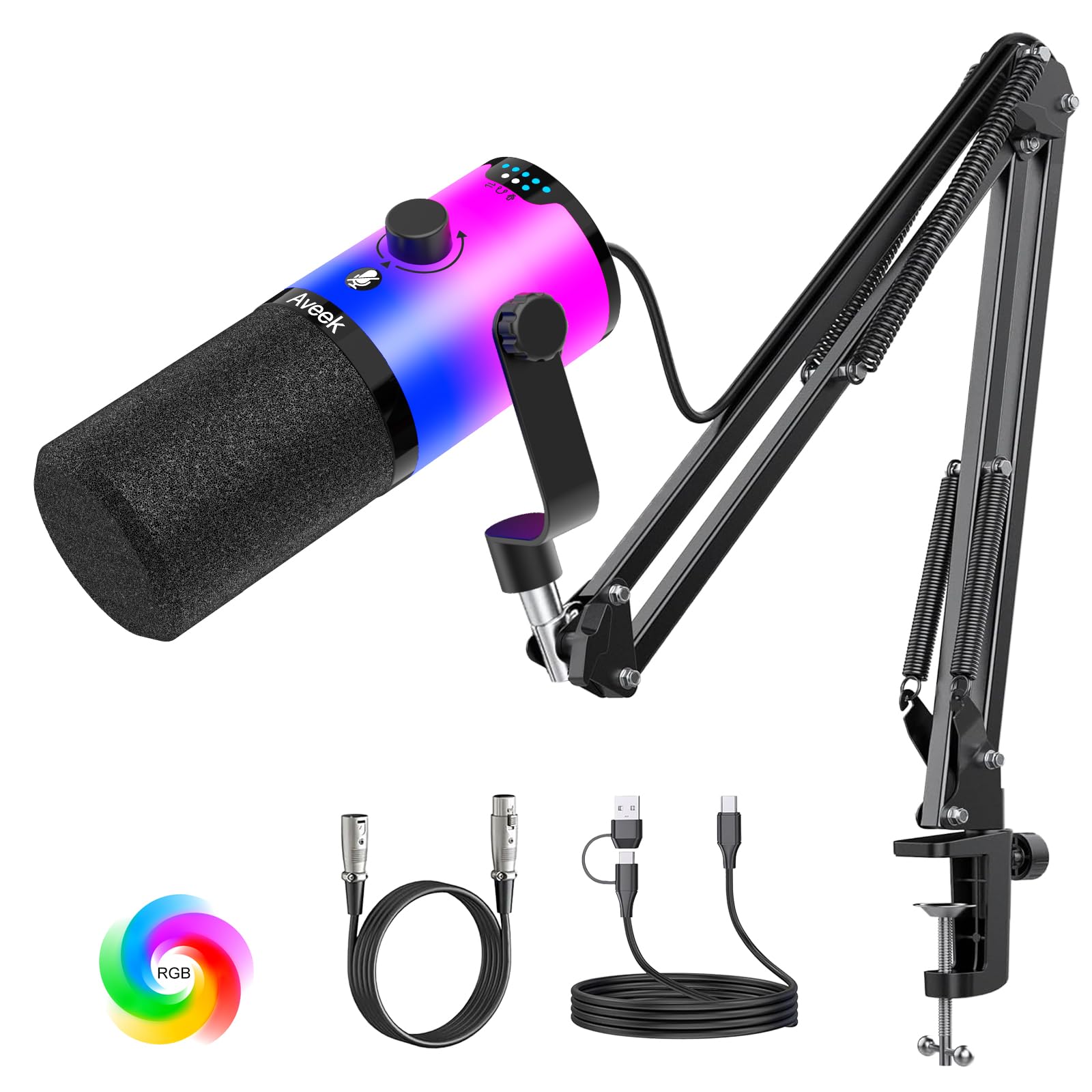 Aveek Microphone Dynamique USB/XLR avec Perche
